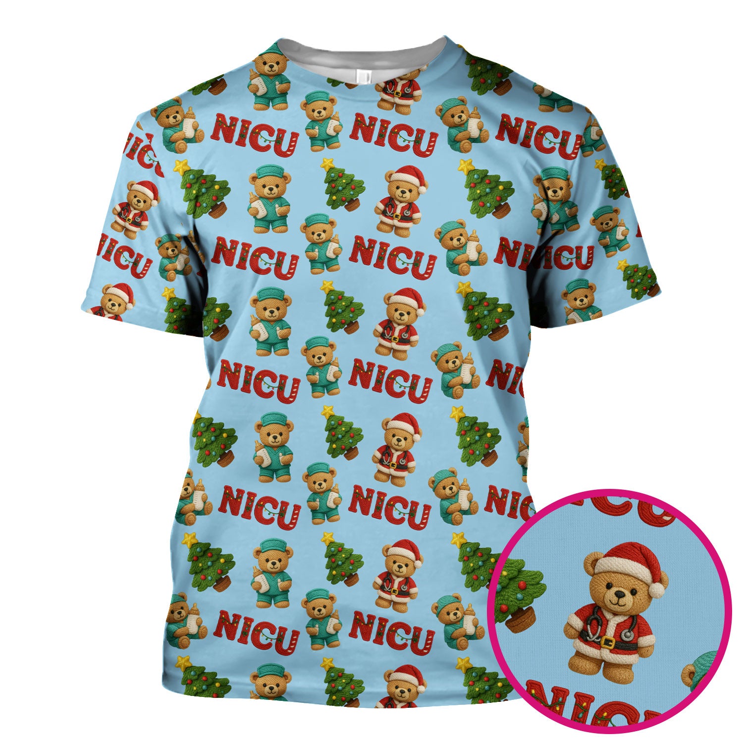 Festive Christmas NICU Nurse Teddy Bear Pattern, Breathable Fabrics Nursing Uniform