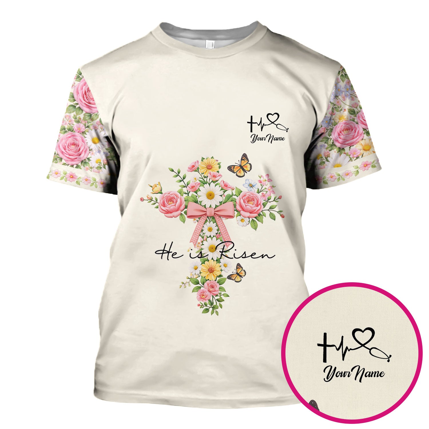 Personalized Meaningful Easter Nurse He Is Risen Floral Cross Bow Pattern Scrub Top, Comfortable Scrubs for Nurses