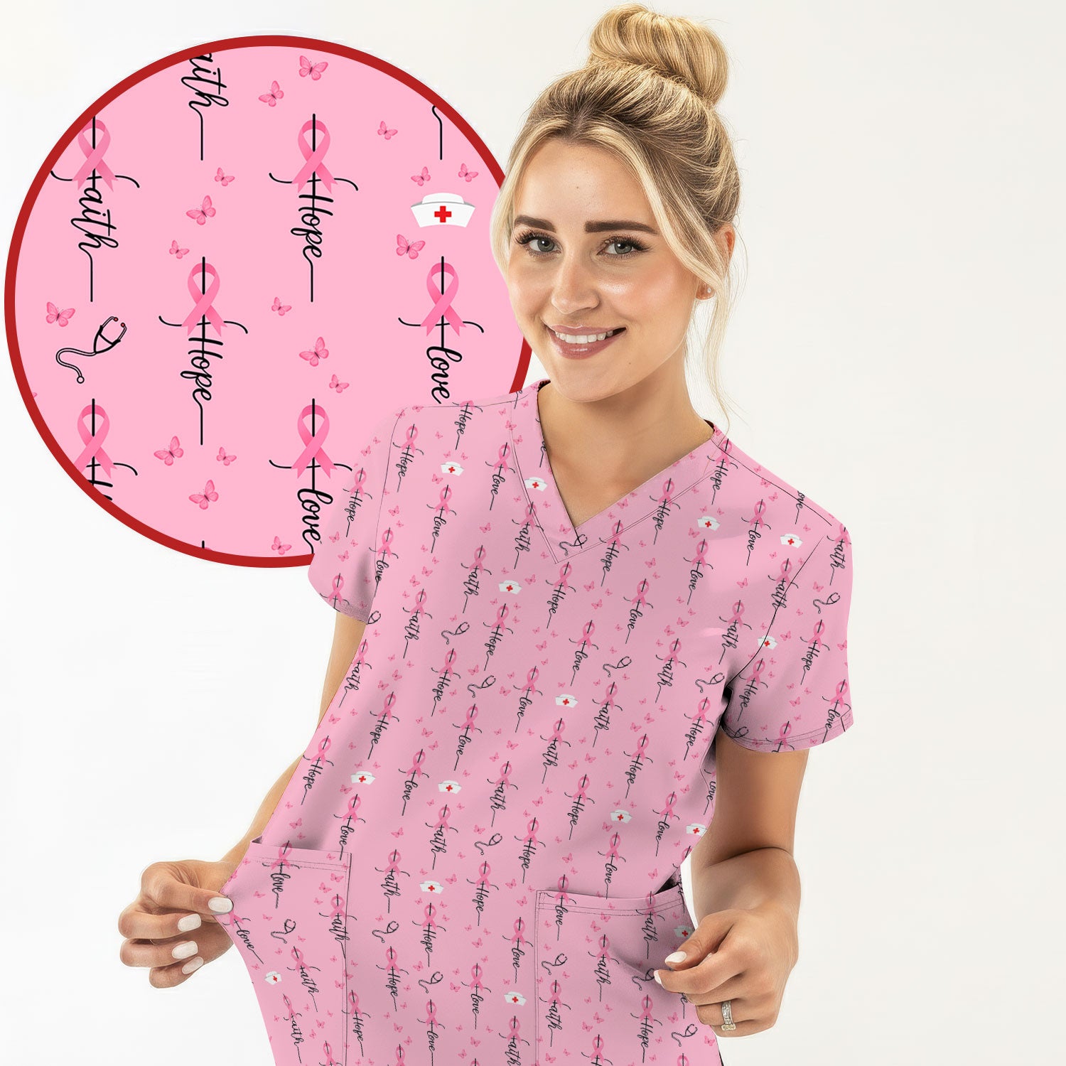Breast Cancer Awareness Scrub Top Multi Color - Faith Hope Love Pink Ribbon Nursing Shirt - Supportive Nurse Workwear