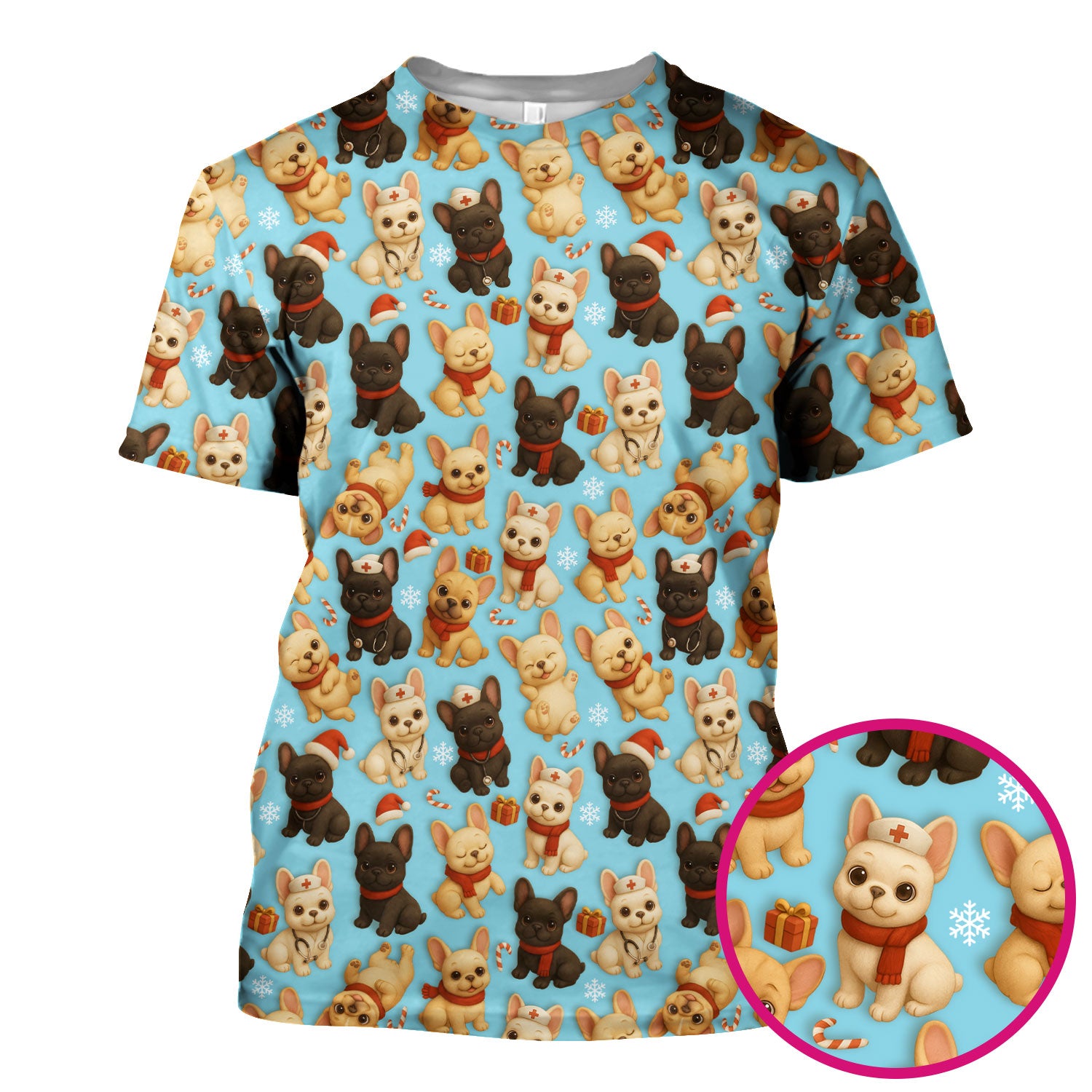 Christmas Dog Scrubs for Women - Cute French Bulldog Pattern Medical Scrub Top - Festive Holiday Nurse Scrubs with Adorable Puppy Design