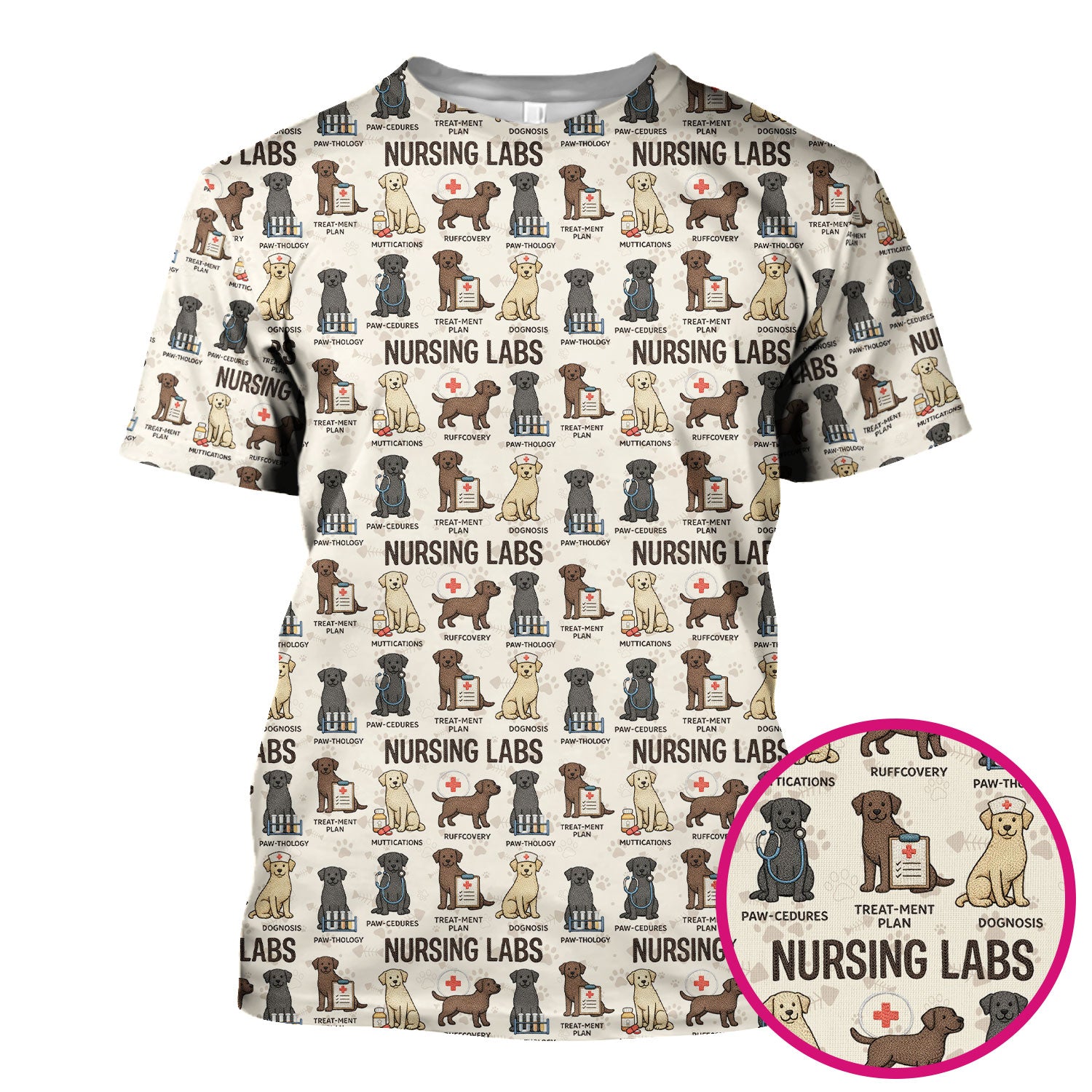 Playful Nursing Labs Dog Pattern Scrub Top, Comfortable Scrubs for Nurses