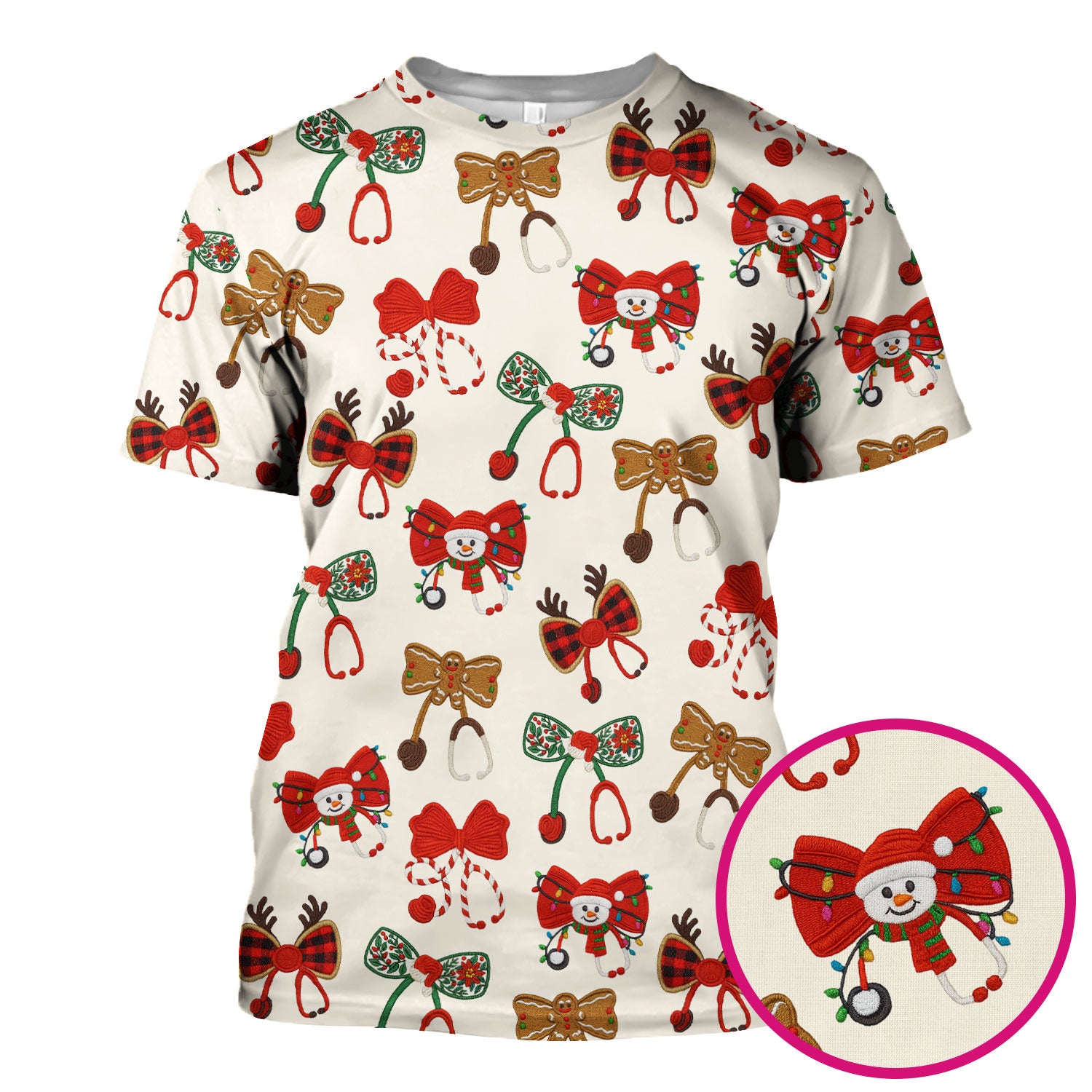 Christmas Stethoscope Bow Nurse Scrub Top, Xmas Pattern Scrub Shirt, Holiday Nursing Uniform