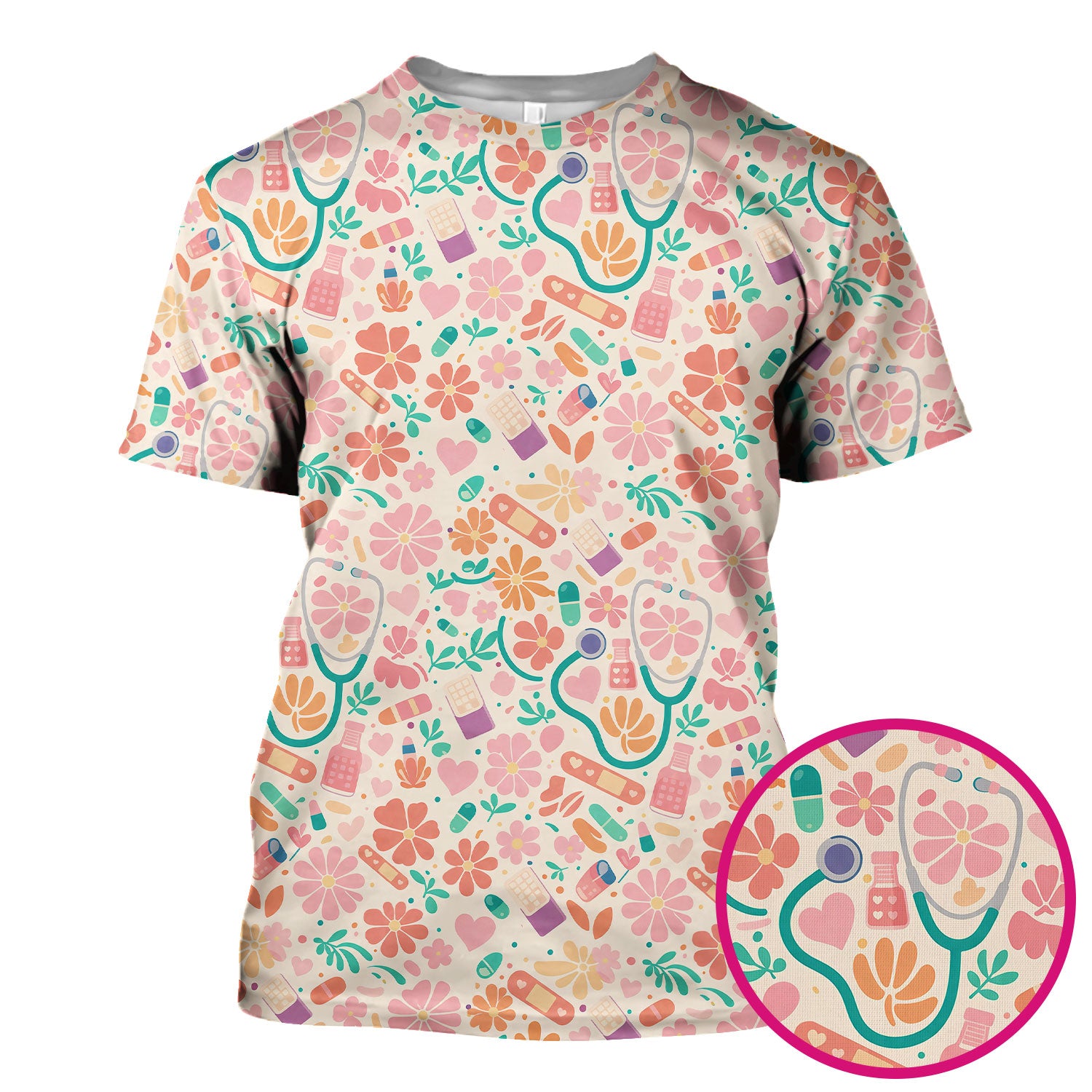 Cute Medical Floral Pattern Scrub Top, Comfortable Scrubs For Nurses