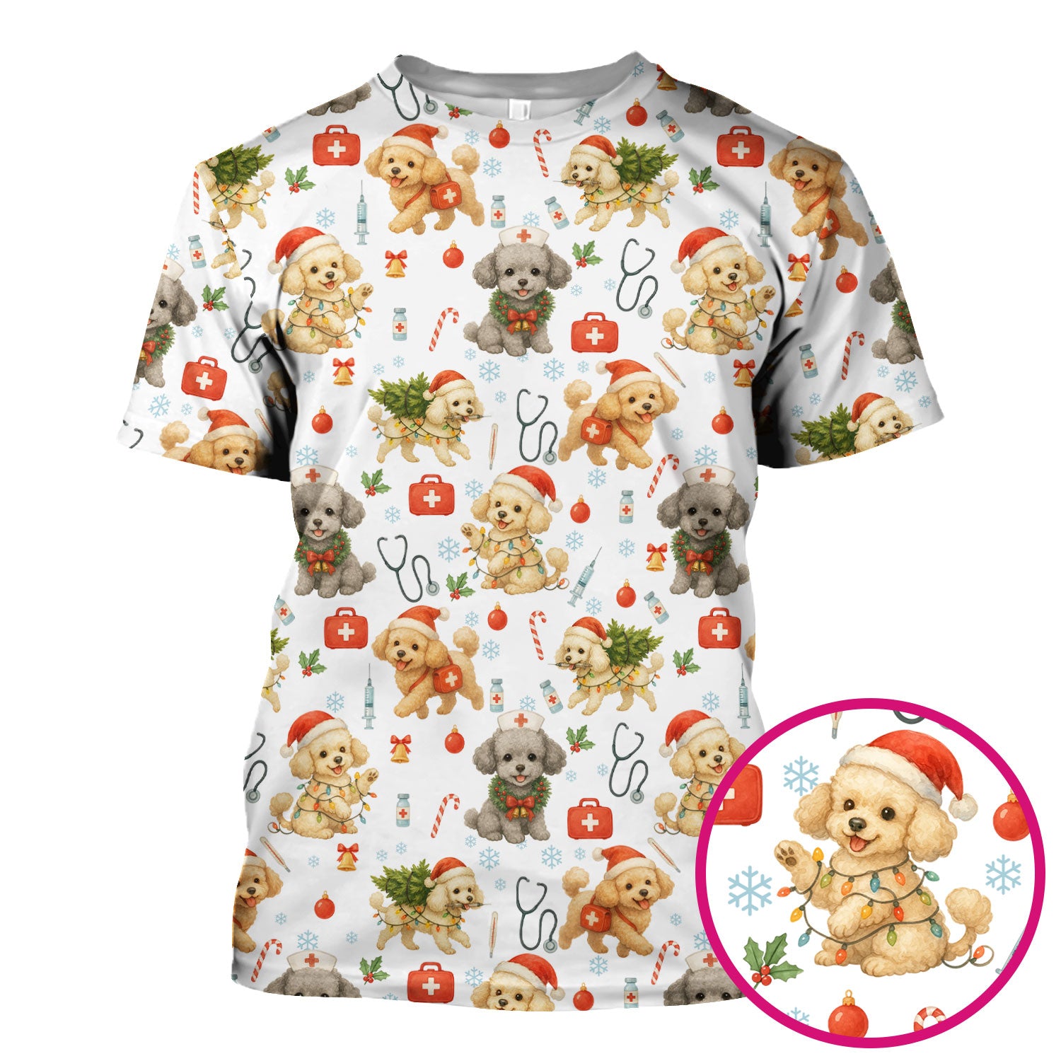 Cute Christmas Dog Scrub Top - Puppy Nurse Shirt Santa Hat Print - Holiday Medical Scrubs Gift for Women CNA RN Doctor