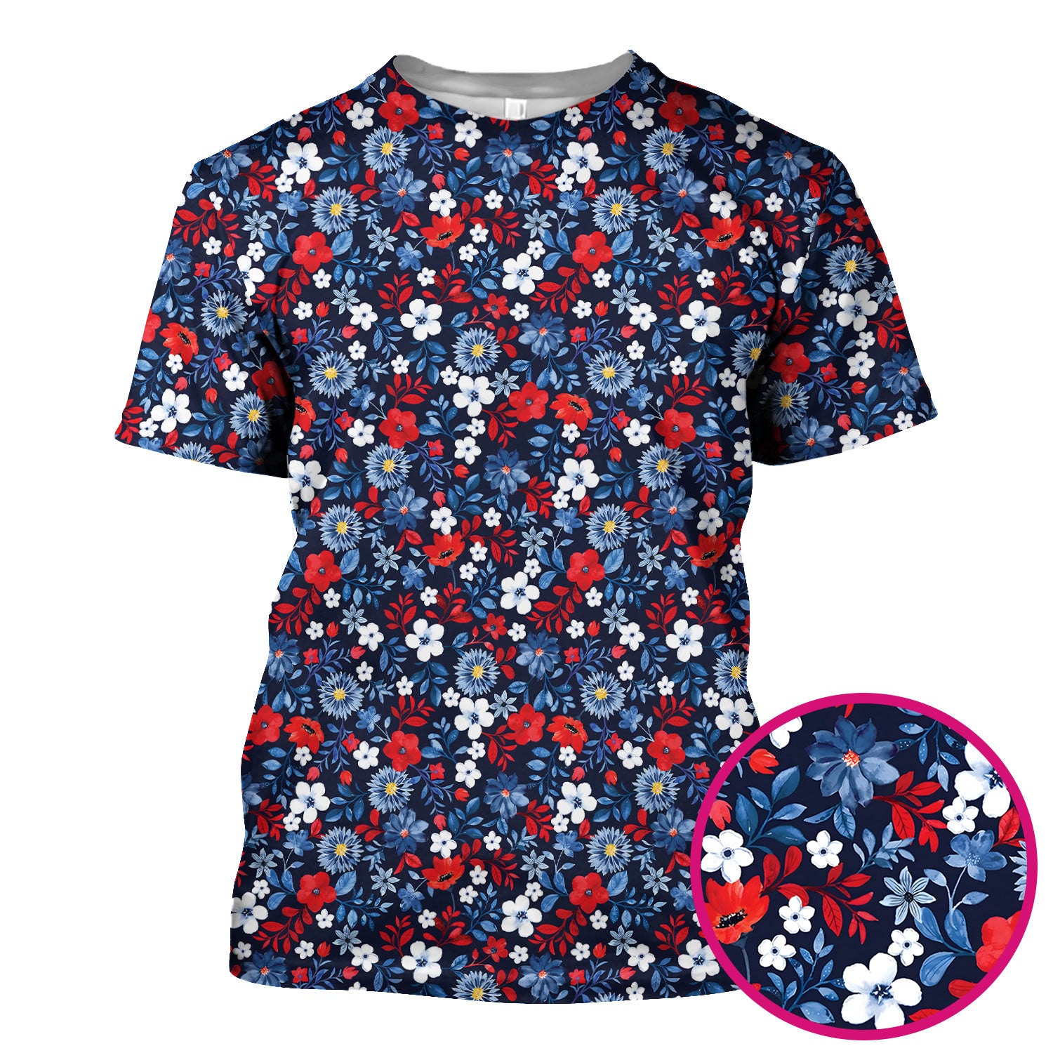 Classic Floral Print V Neck Scrub Top for Nurses, Blue Red Medical Uniform