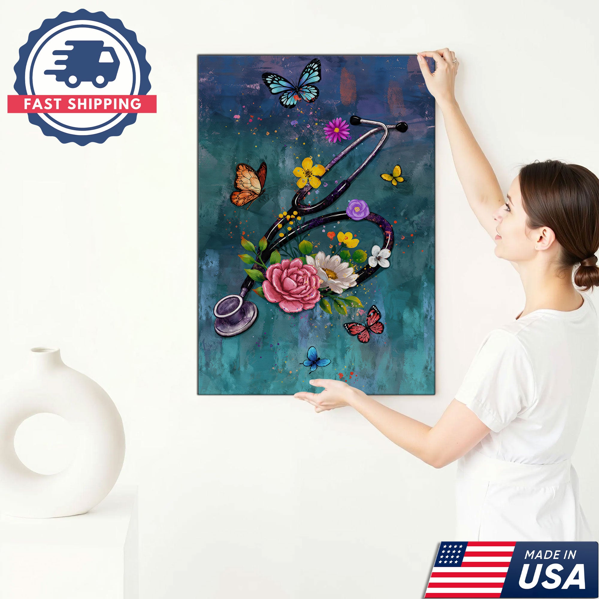 Butterfly Floral Stethoscope Nurse Canvas Wall Art for RN, CNA, Healthcare Office Decor