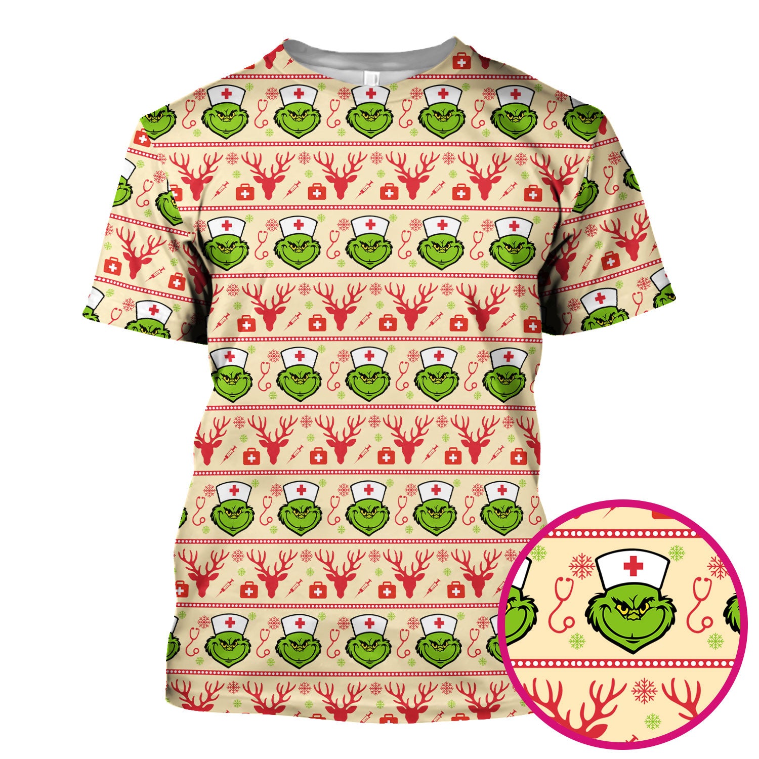 Grinch Nurse Ugly Christmas Scrub Top - Funny Holiday Nursing Scrubs Shirt - Cute Medical Workwear for Women with Festive Pattern