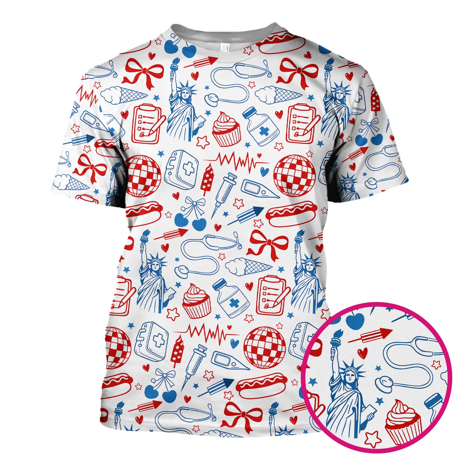 Patriotic Nurse Medical Icons Pattern Scrub Top, Breathable Fabrics Nursing Uniform