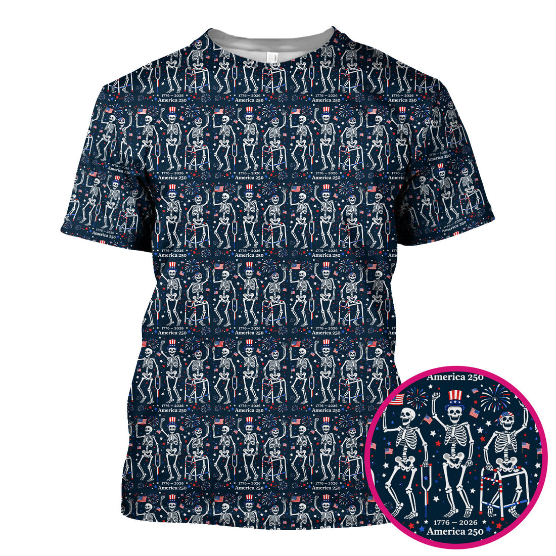 Festive Patriotic Skeleton America 250 Pattern Scrub Top, Comfortable Scrubs For Nurses