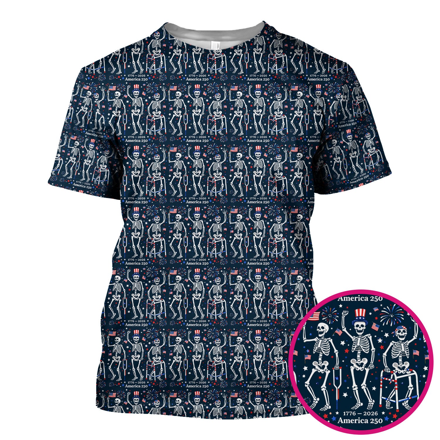 Festive Patriotic Skeleton America 250 Pattern Scrub Top, Comfortable Scrubs For Nurses