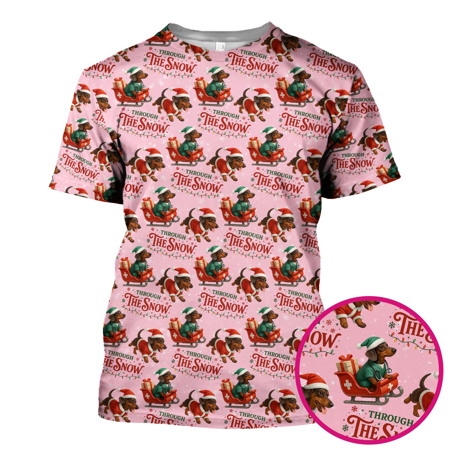 Dachshund Christmas Scrub Top, Cute Dog Nurse Scrub Shirt, Through The Snow Pattern Nursing Uniform
