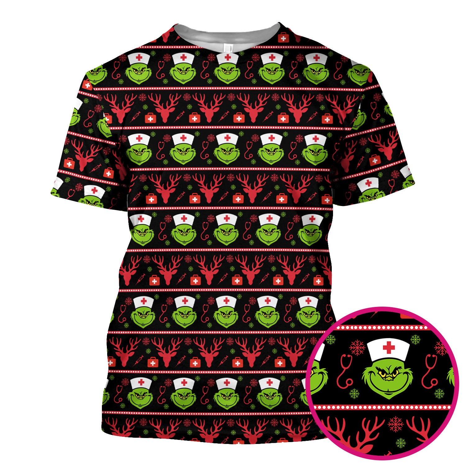 Grinch Nurse Ugly Christmas Scrub Top - Funny Holiday Nursing Scrubs Shirt - Cute Medical Workwear for Women with Festive Pattern