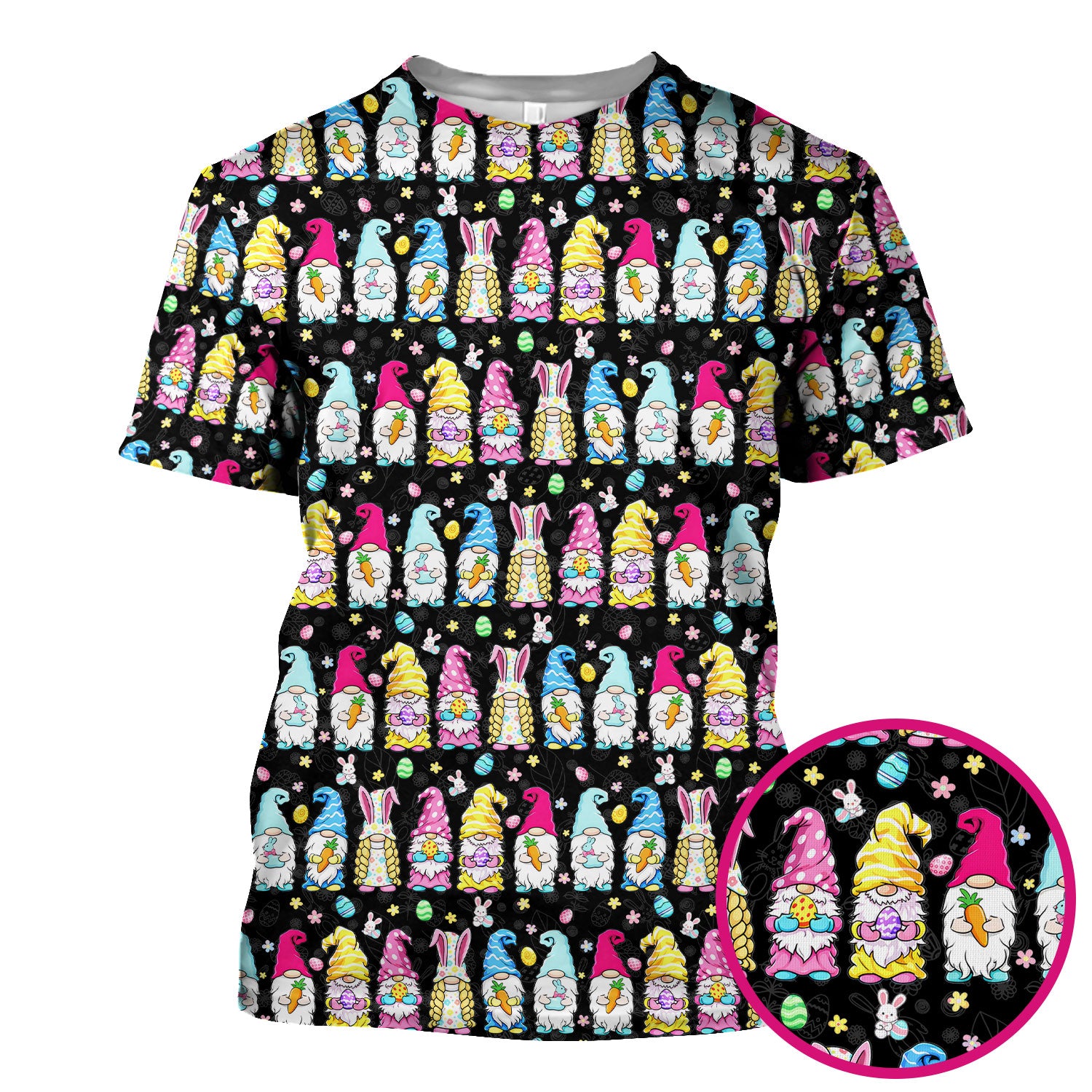 Colorful Easter Gnome Bunny Eggs Print Scrub Top, Comfortable Scrubs for Nurses