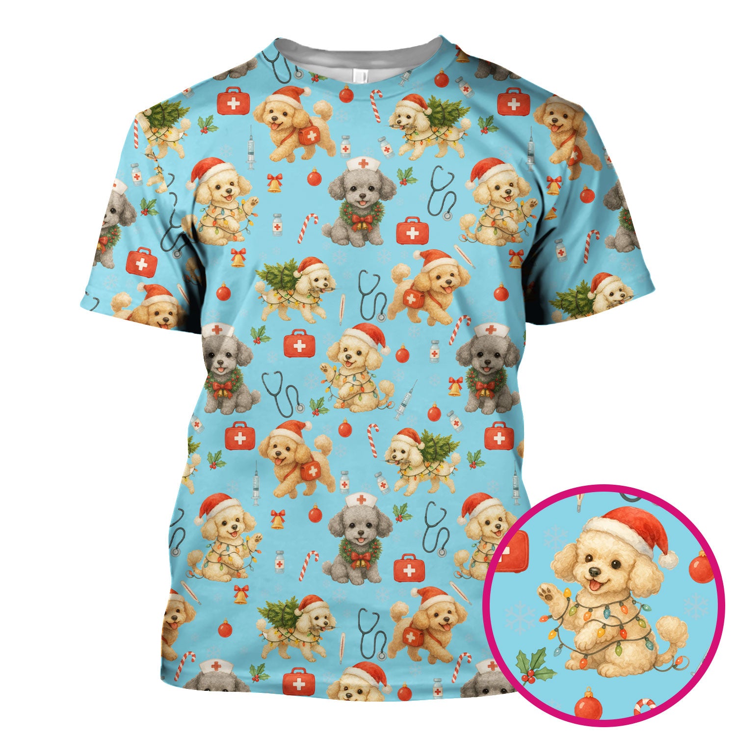 Christmas Puppy Scrub Top - Cute Dog Nurse Shirt with Santa Hat - Holiday Medical Scrubs Gift for Women CNA RN Doctor
