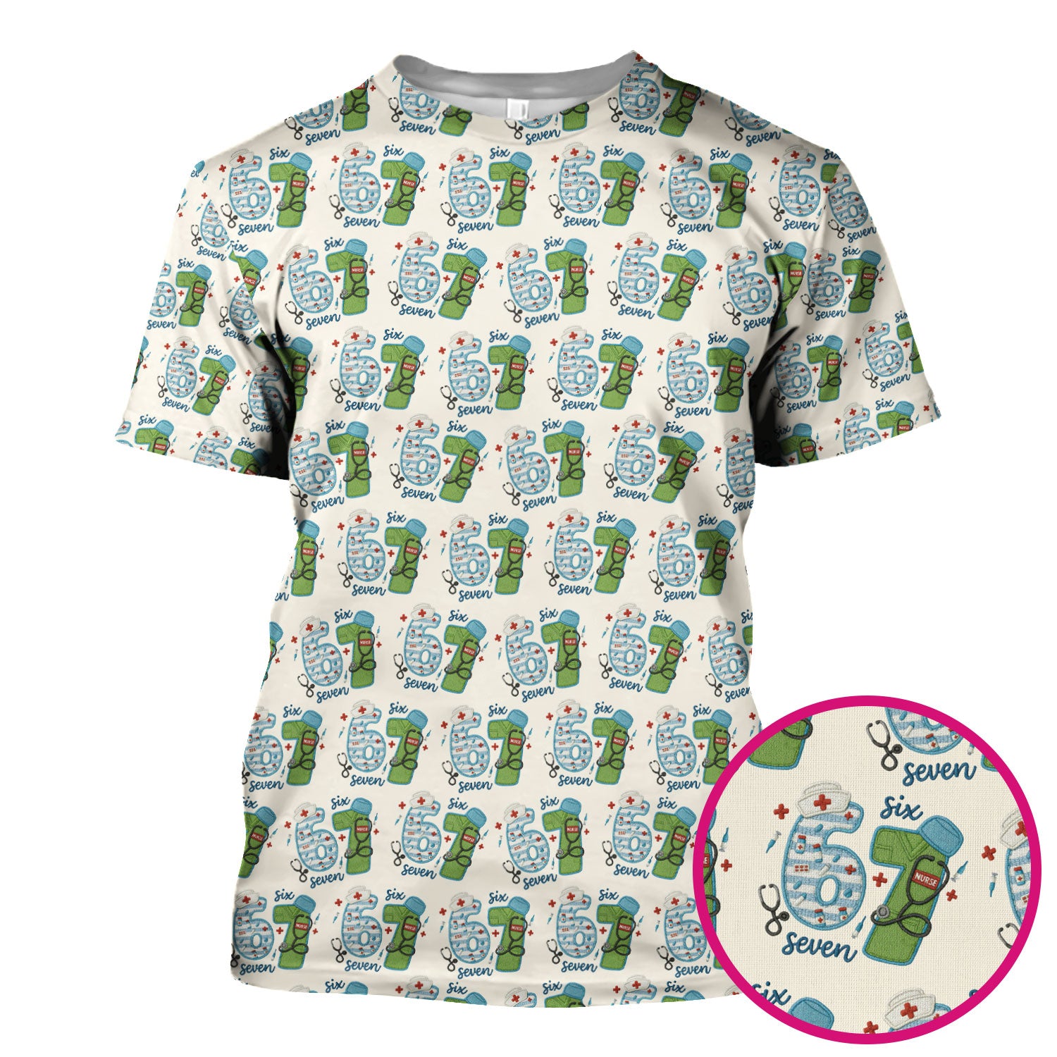 Nurse Six Seven Pattern Scrub Top, Cute Medical Number Print Shirt for Nursing Professionals