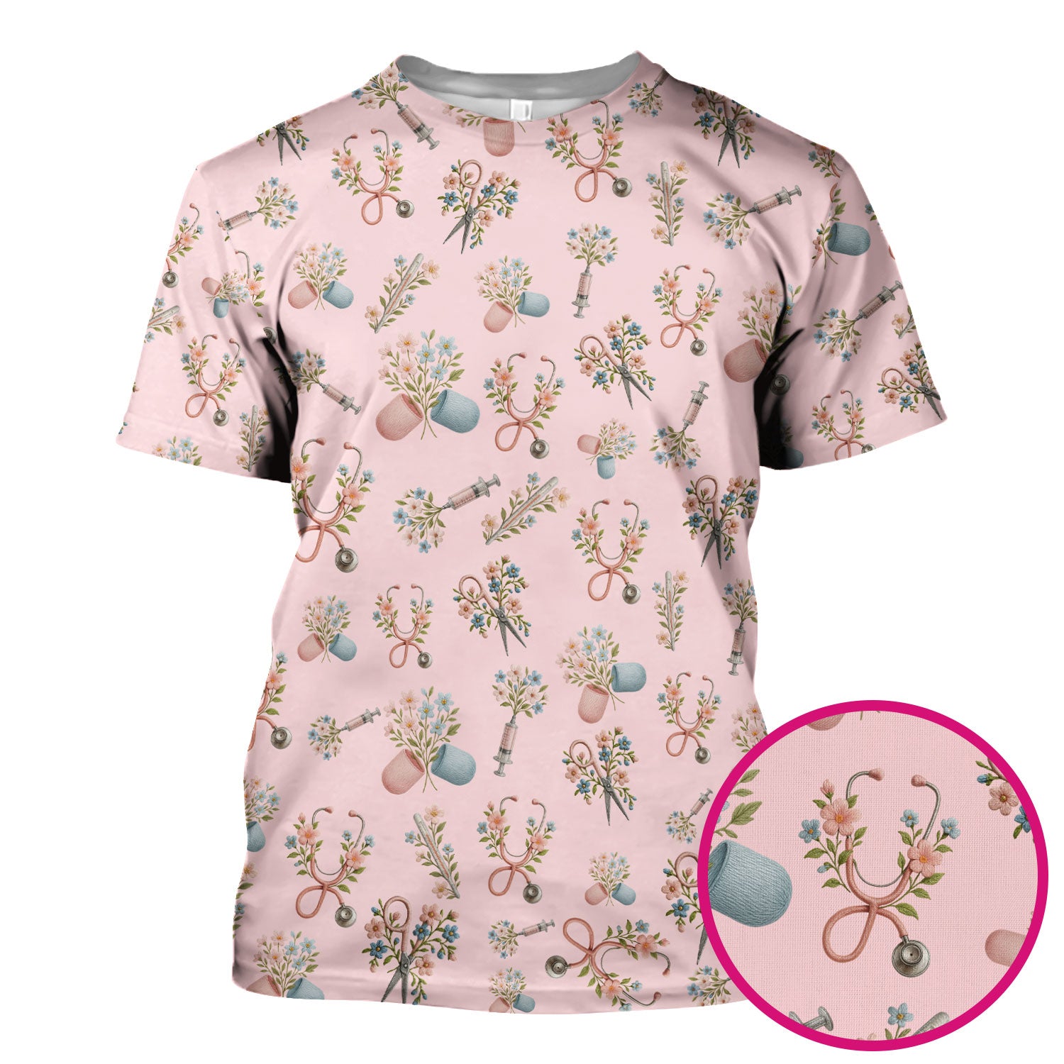 Floral Medical Scrub Top, Elegant Stethoscope With Flower Nursing Shirt, Breathable Fabrics Nurse Uniform