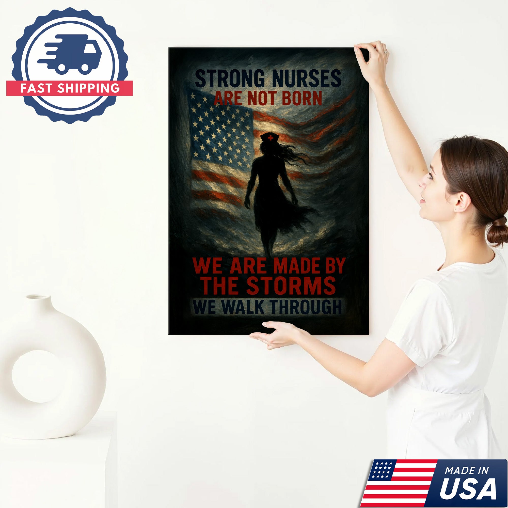 Strong Nurse Wall Art Canvas - Inspirational Quote We Are Made By The Storms - Patriotic American Flag Nursing Gift Made in USA