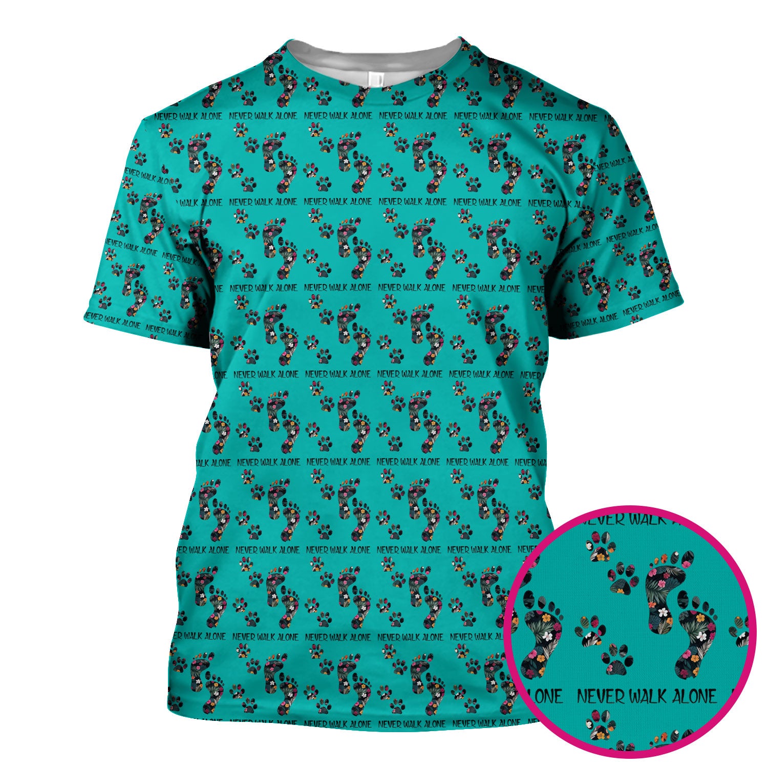 Never Walk Alone Scrub Top, Floral Paw Print Medical Scrub Shirt for Nurses, Vet Techs And Healthcare Workers