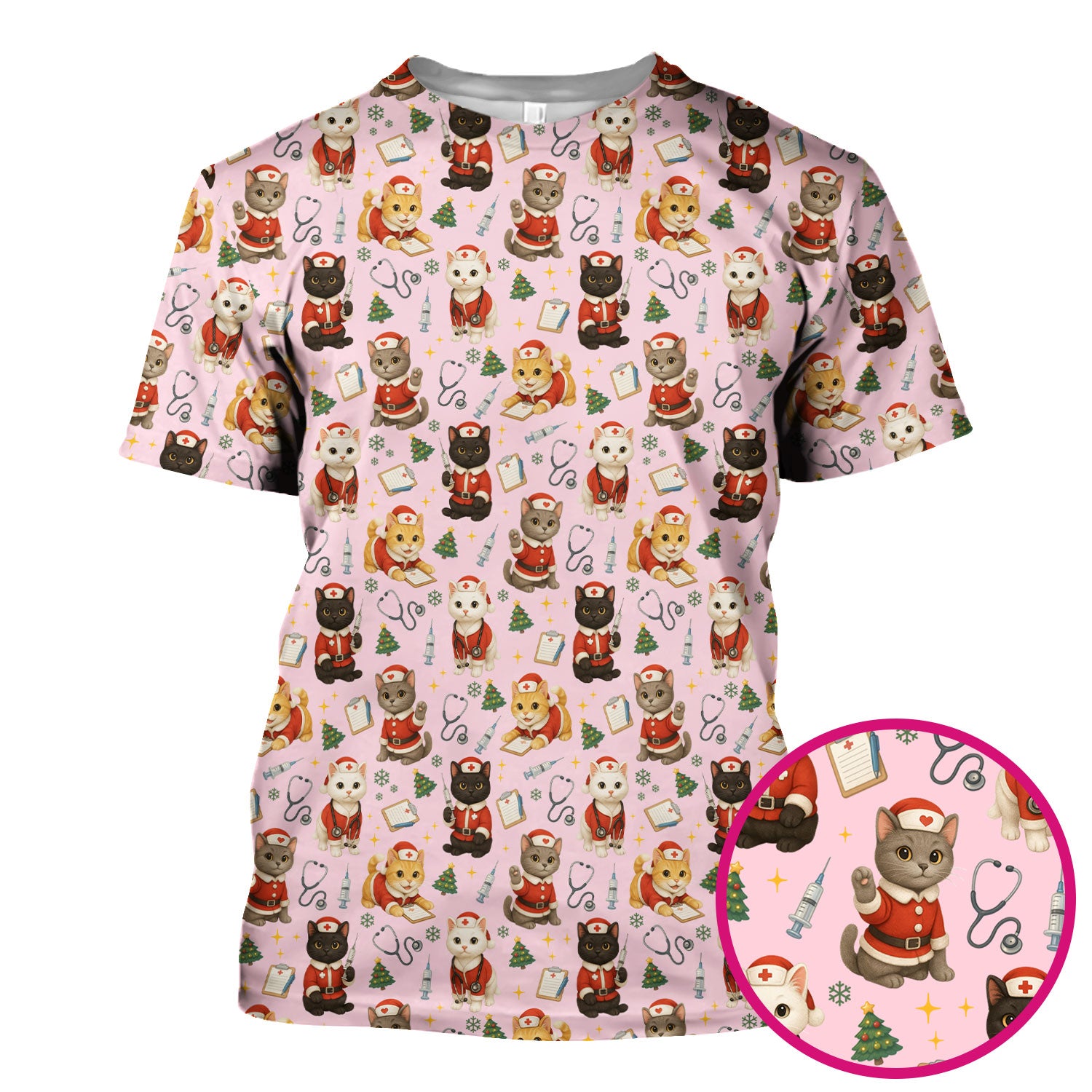 Christmas Nurse Scrub Top for Women - Cute Lucky Cat Pattern - Funny Holiday Nursing Shirt Gift for RN LPN CNA