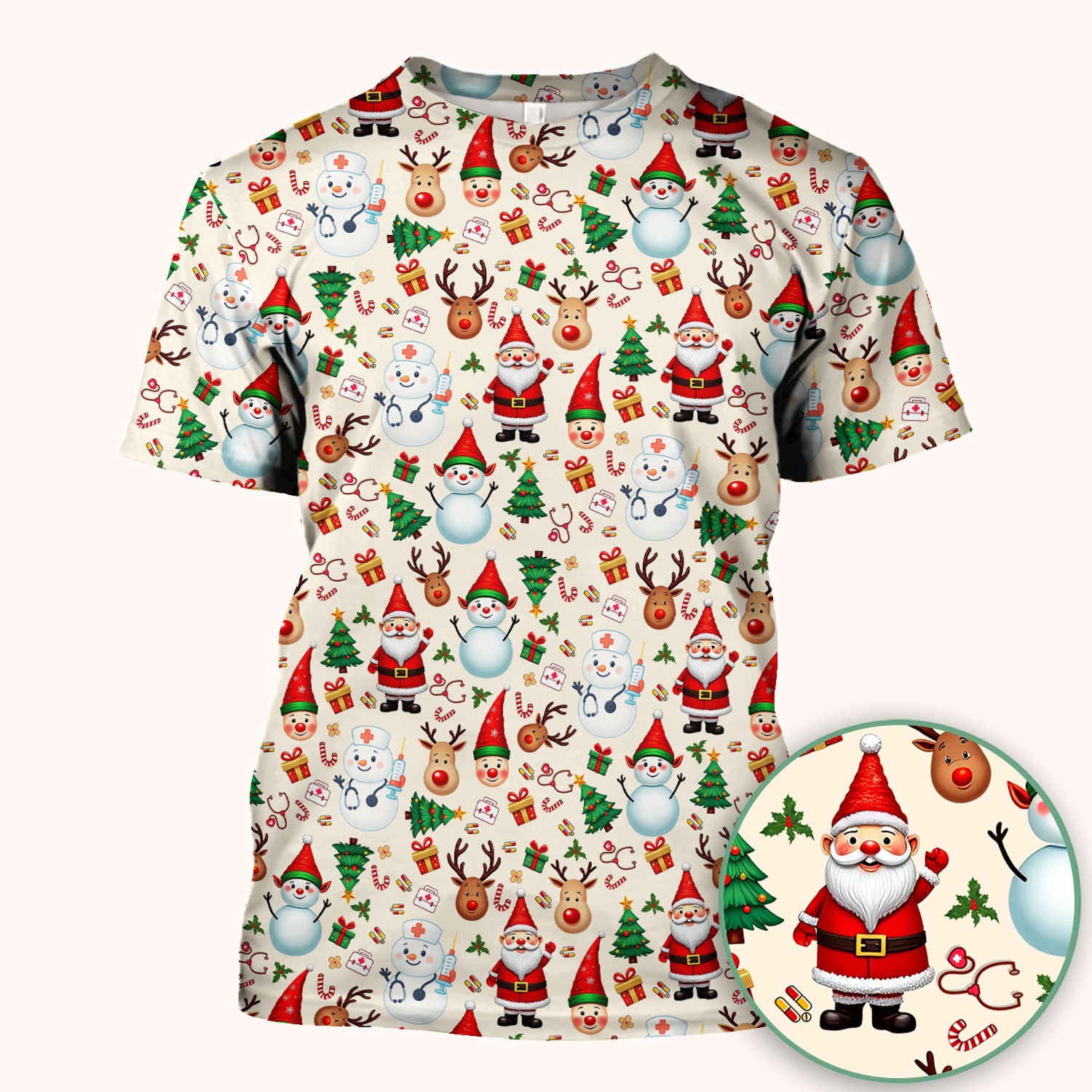 Christmas Nurse Scrub Top - Cute Snowman Santa Reindeer Pattern Medical Shirt - Festive Holiday Scrubs for Women RN CNA LPN
