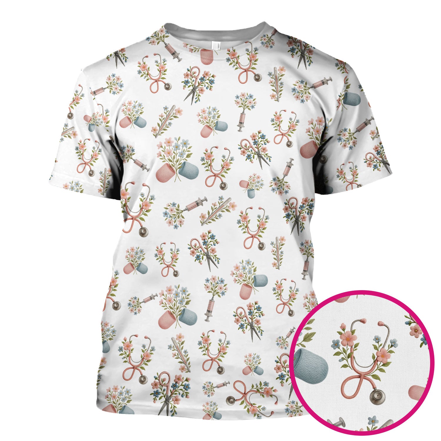 Floral Medical Scrub Top, Elegant Stethoscope With Flower Nursing Shirt, Breathable Fabrics Nurse Uniform