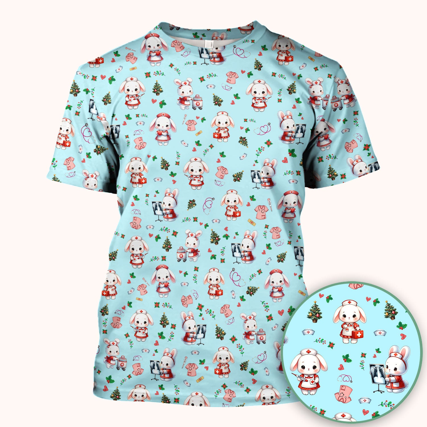 Cute Bunny Scrub Top for Nurse - Adorable Christmas Rabbit Shirt - Funny Holiday Medical Shirt Gift for Women RN LPN CNA