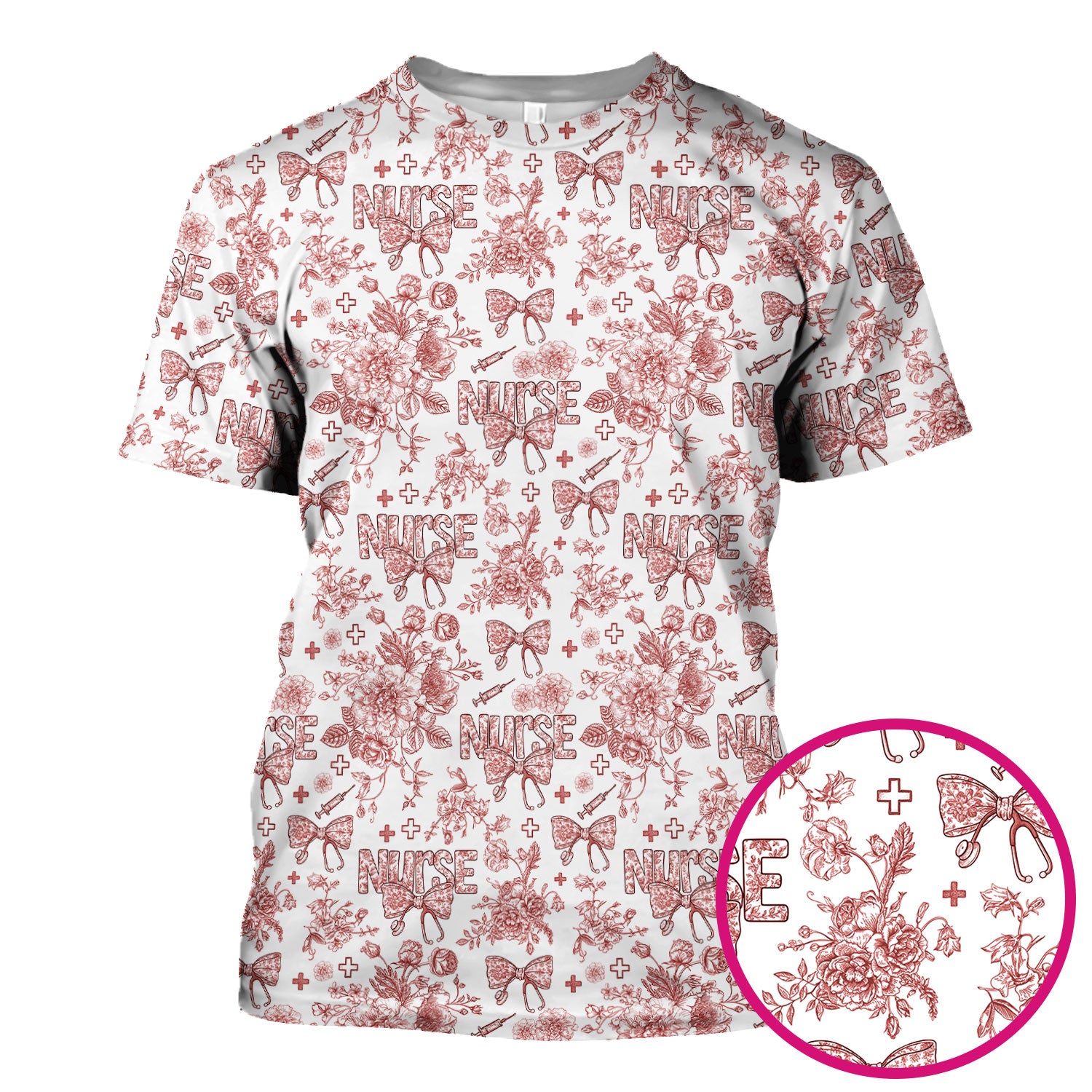 Flower Scrubs for Nurses - Toile de Jouy Style Medical Shirt - Feminine Floral Scrub Top Gift for Women in Healthcare