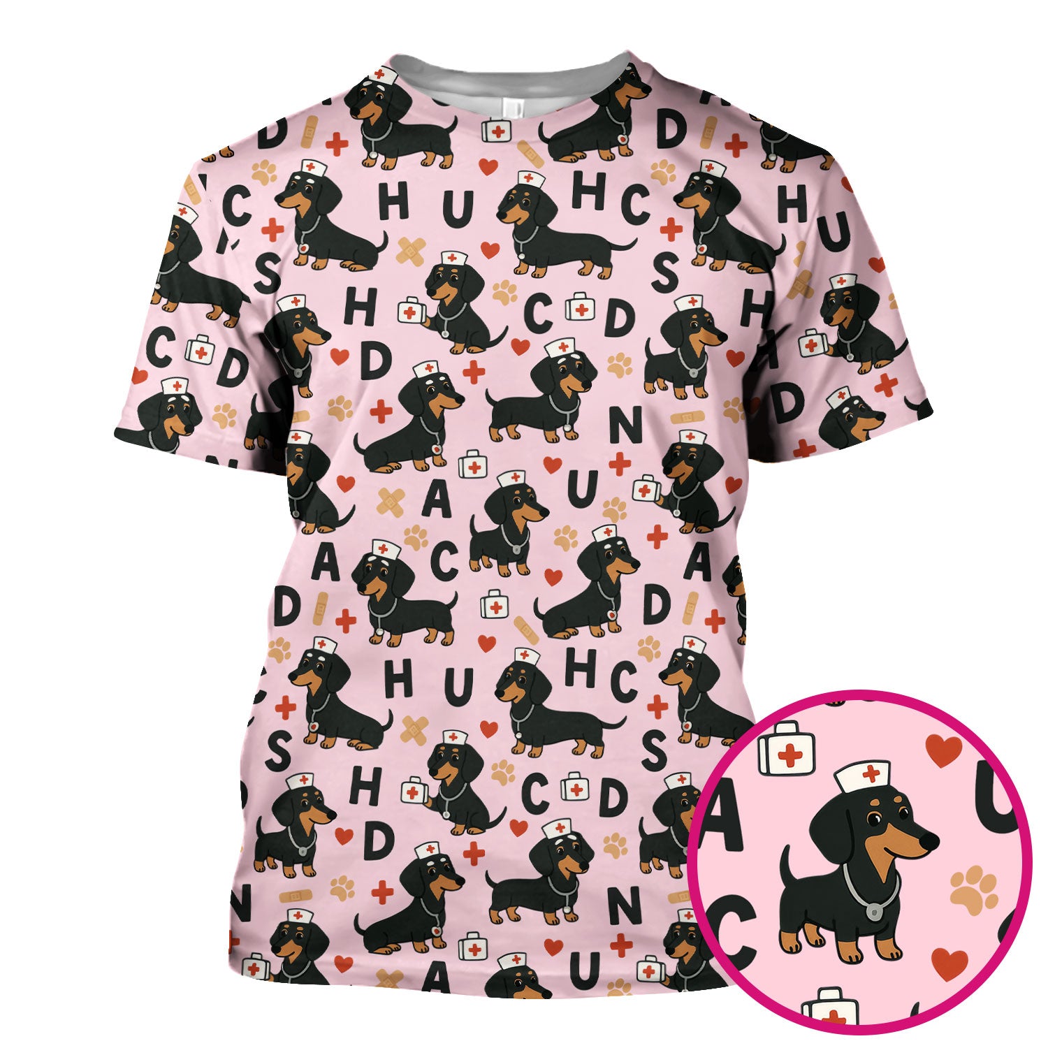 Dachshund Nurse Scrub Top for Women - Cute Dog Pattern Medical Shirt - Funny Sausage Dog Print Scrubs Gift for RN LPN CNA Healthcare Staff