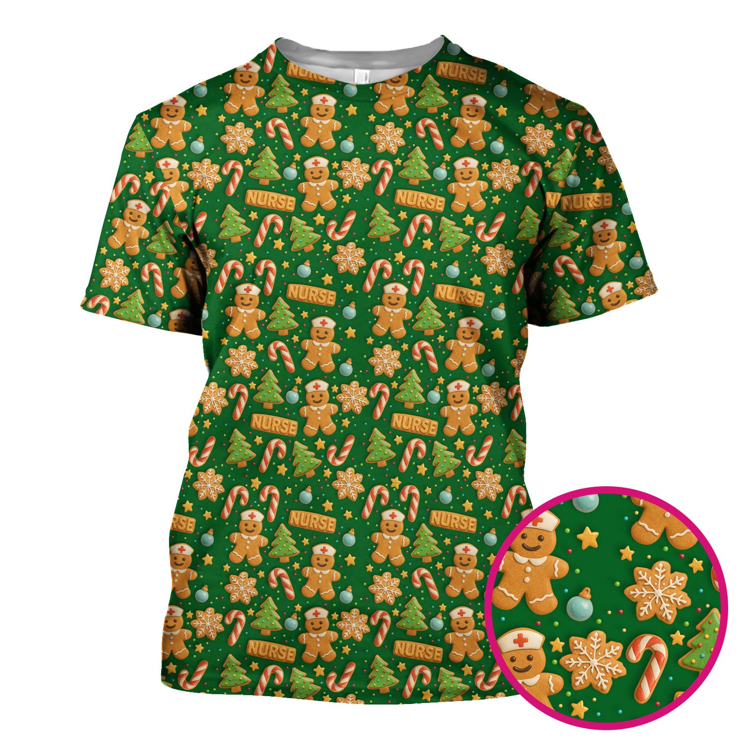 Gingerbread Scrubs Christmas Edition - Cute Cookie Pattern Medical Scrub Top for Women - Holiday Christmas Scrubs with Fun Festive Print