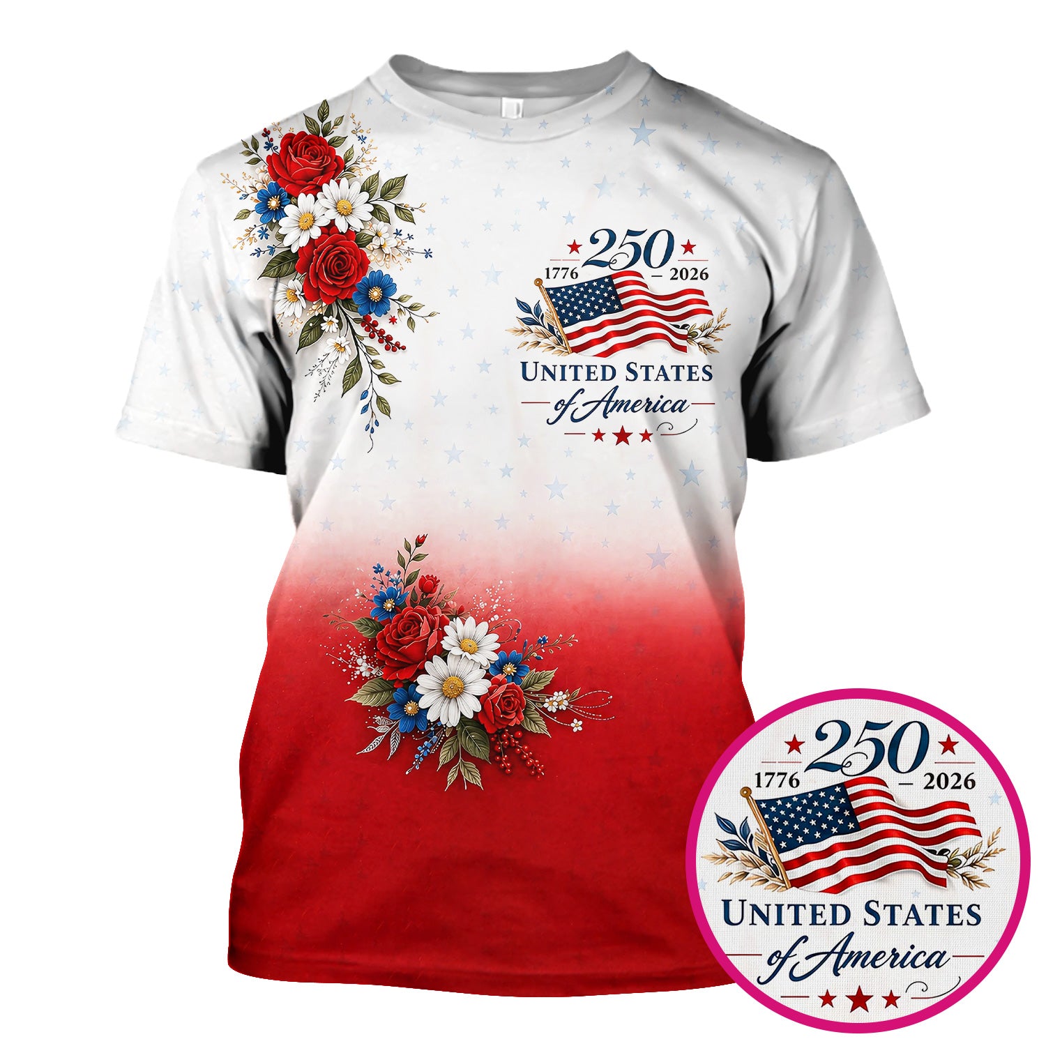 Patriotic 250th Flag Floral Pattern Scrub Top, Comfortable Scrubs for Nurses