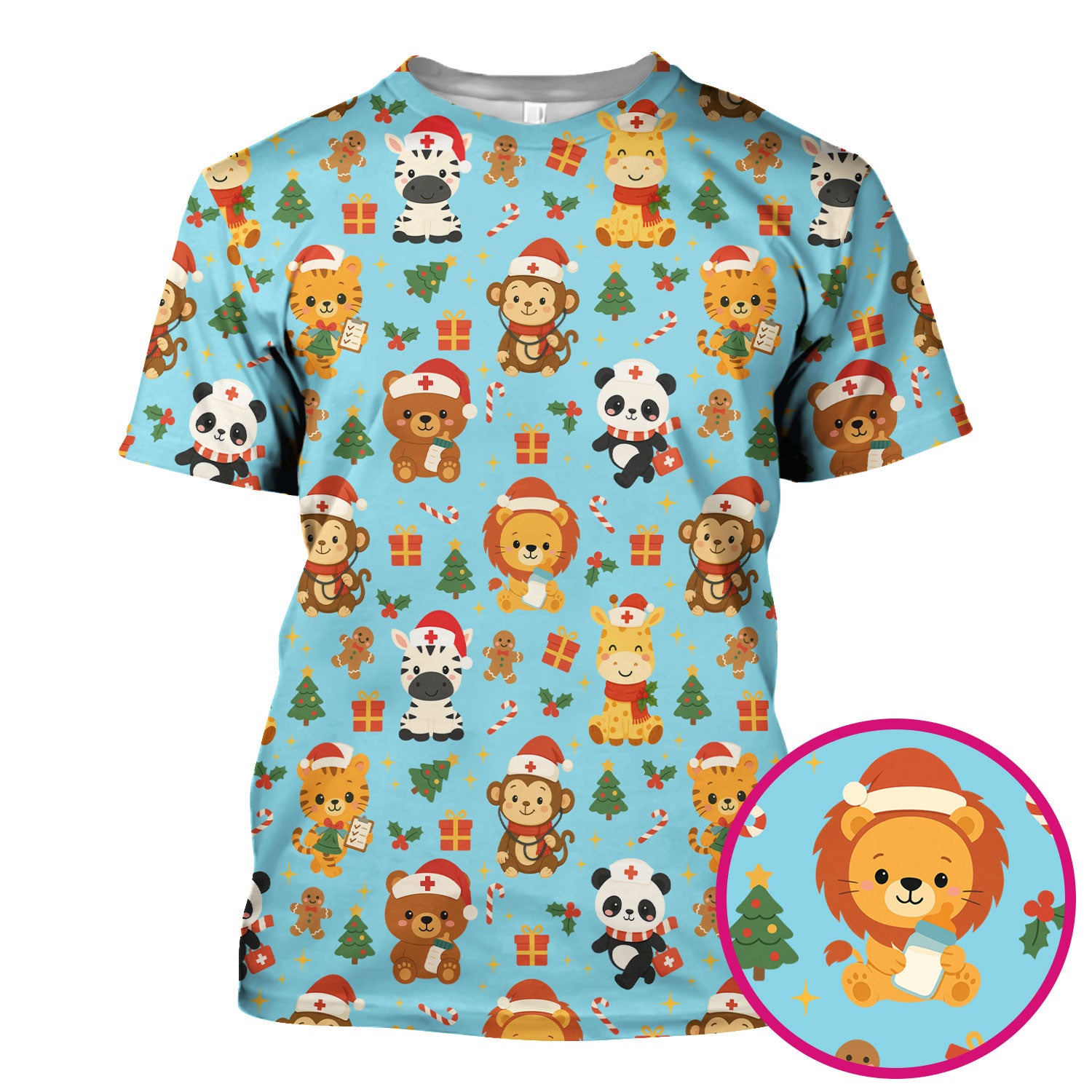 Cute Animal Christmas Nurse Scrub Top - Funny Holiday Safari Pattern Shirt for Women - Festive Nursing Gift for RN LPN CNA