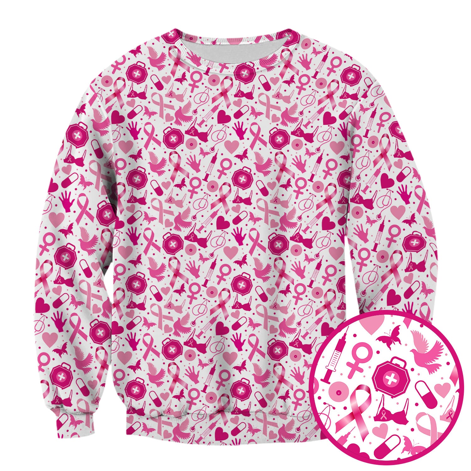 Breast Cancer Awareness Shirt - Pink Ribbon & Nurse Icons Pattern - Gift for RN LPN Healthcare Workers