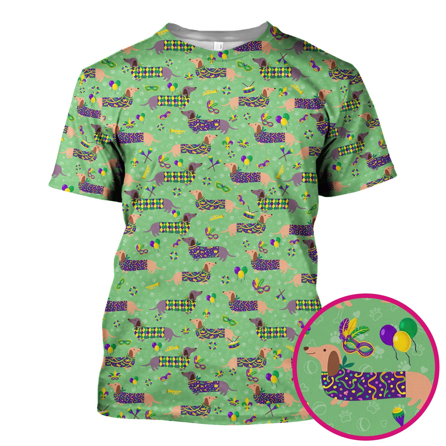 Mardi Gras Dachshund Nurse Scrub Top, Wiener Dog Holiday Pattern Nurses Shirt, Comfortable Uniform Scrubs For Nursing