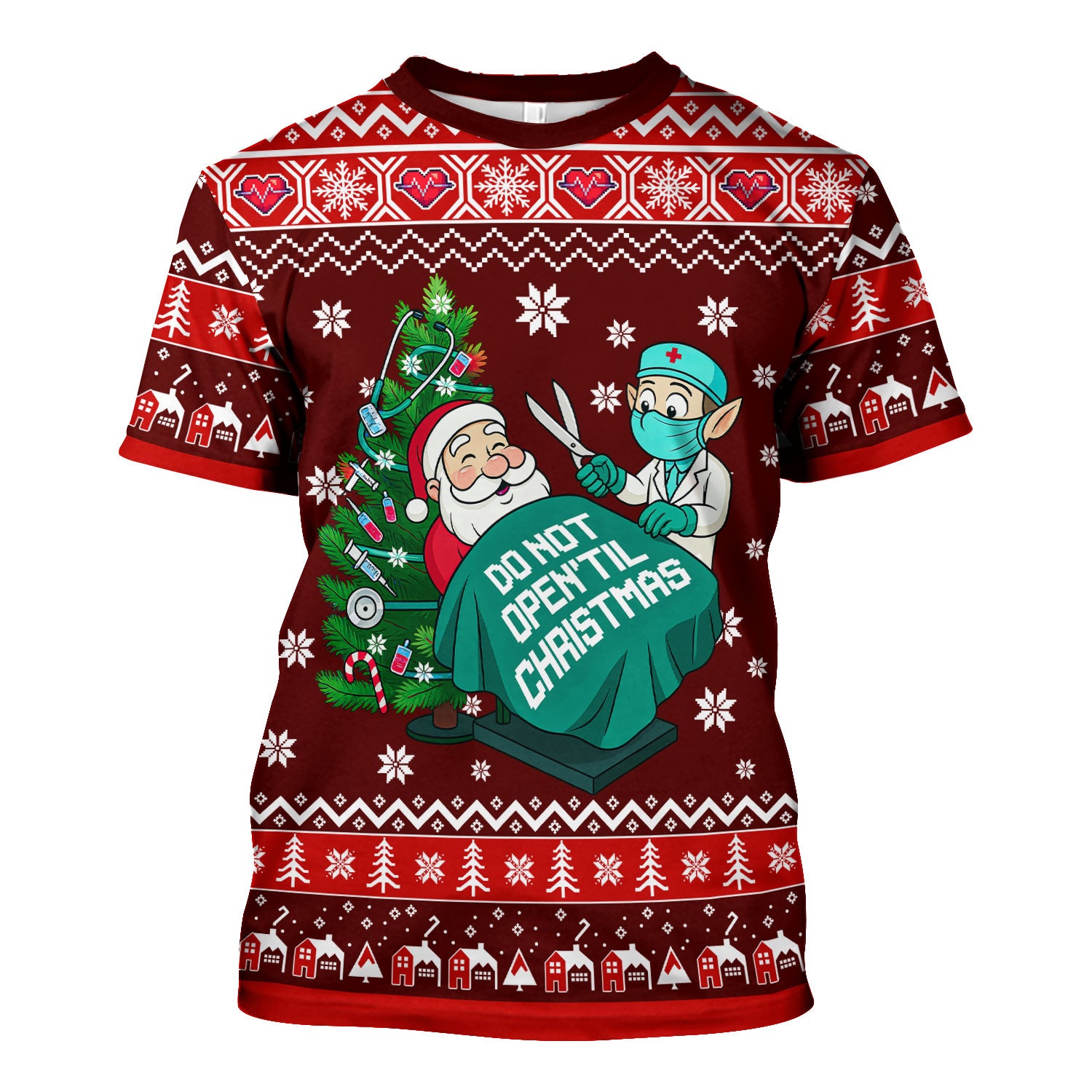 Funny Scrub Top for Women - Do Not Open Til Christmas Santa and Elf - Holiday Medical Uniform Gift for RN LPN CNA