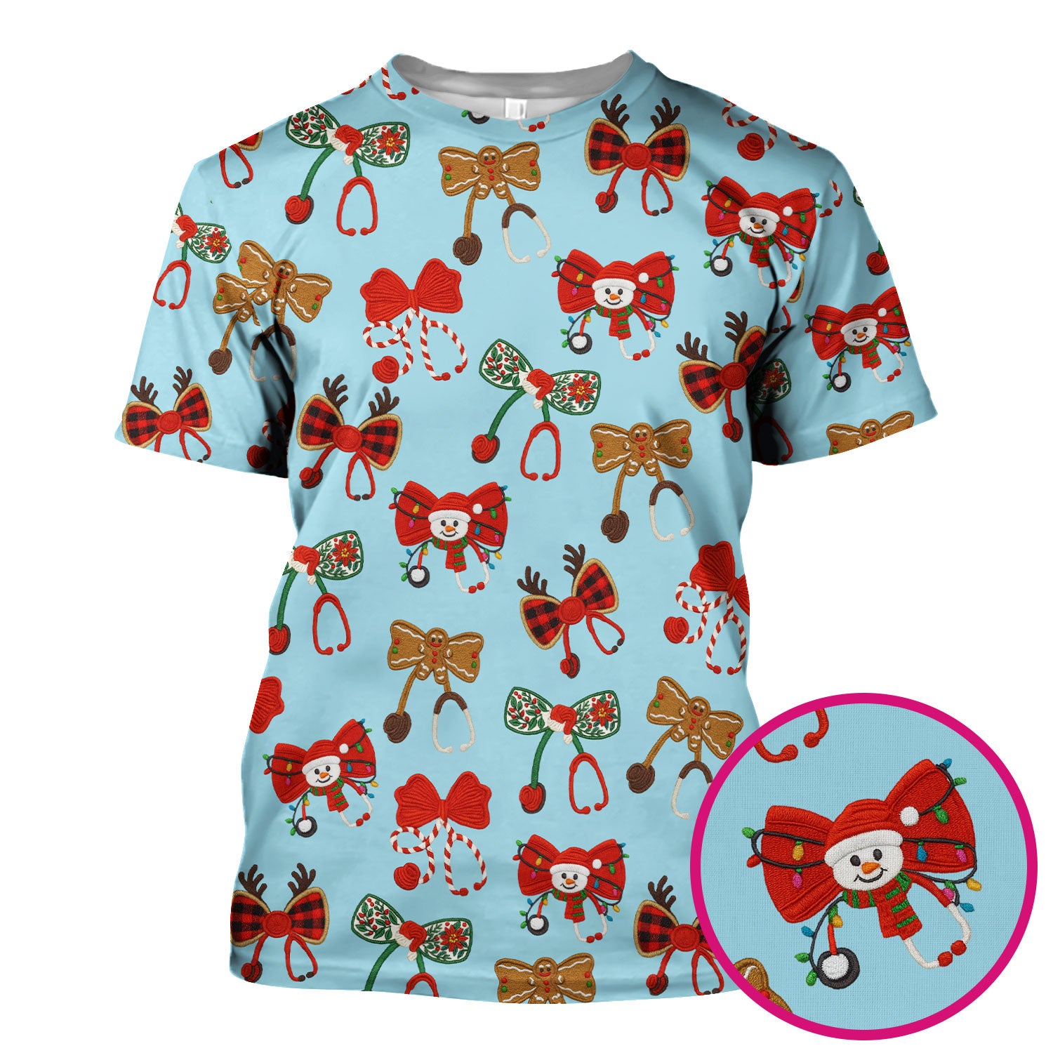 Christmas Stethoscope Bow Nurse Scrub Top, Xmas Pattern Scrub Shirt, Holiday Nursing Uniform