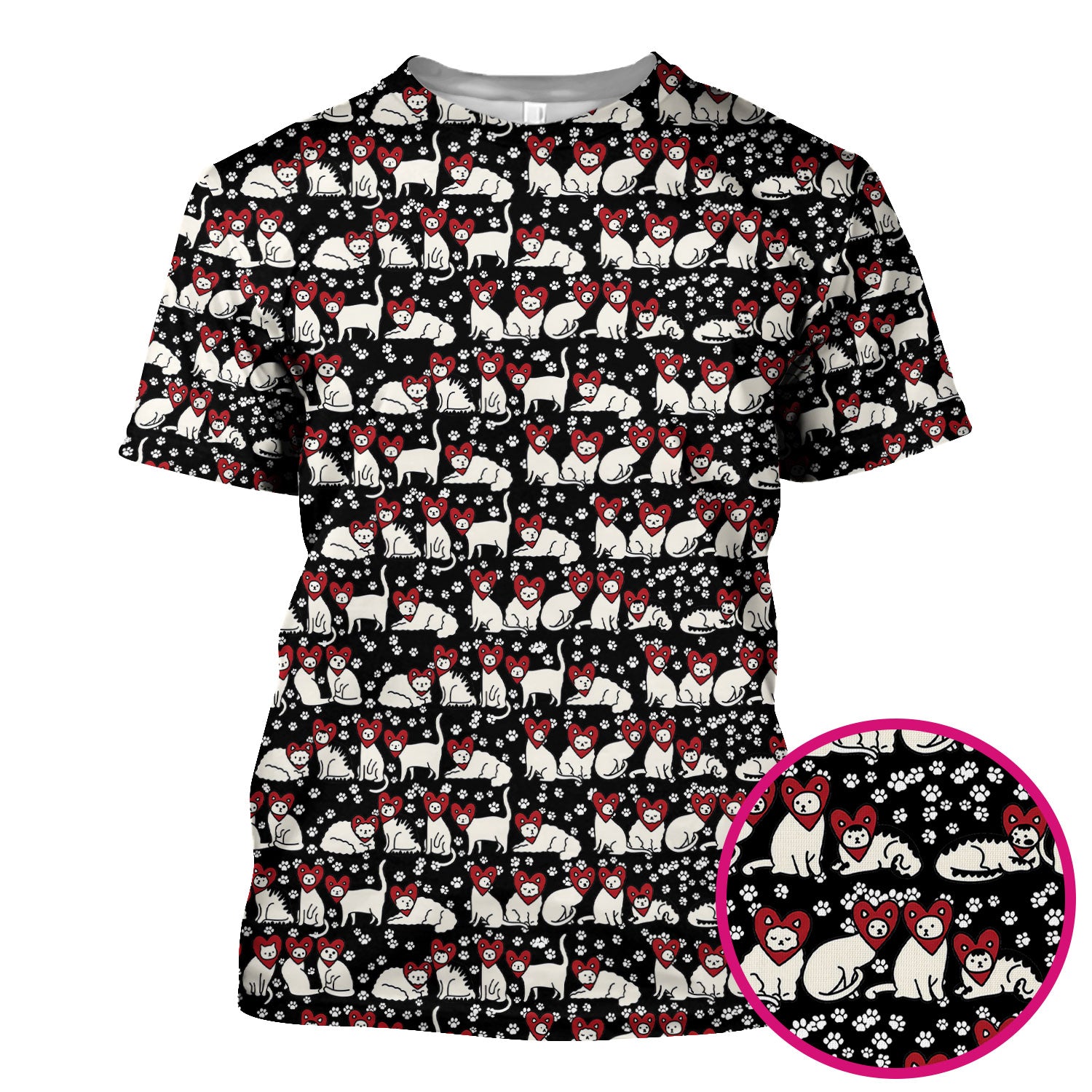Cute Cat Heart Pattern Scrub Top, Funny Cat Scrub Shirt For Nurses, Breathable Fabrics Nursing Uniform