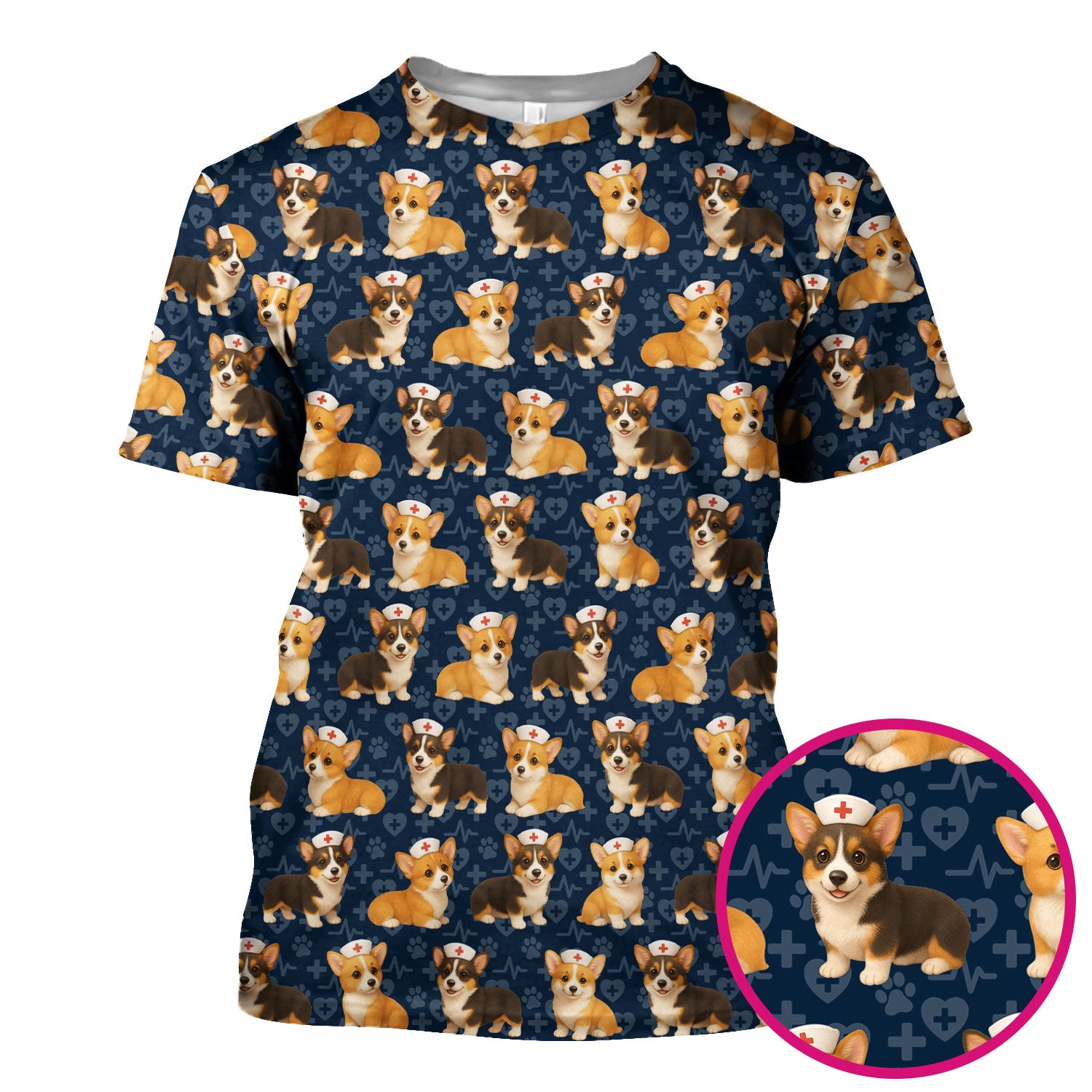 Christmas Corgi Scrubs for Women - Cute Dog Pattern Medical Scrub Top - Festive Holiday Christmas Scrubs with Adorable Corgi Design
