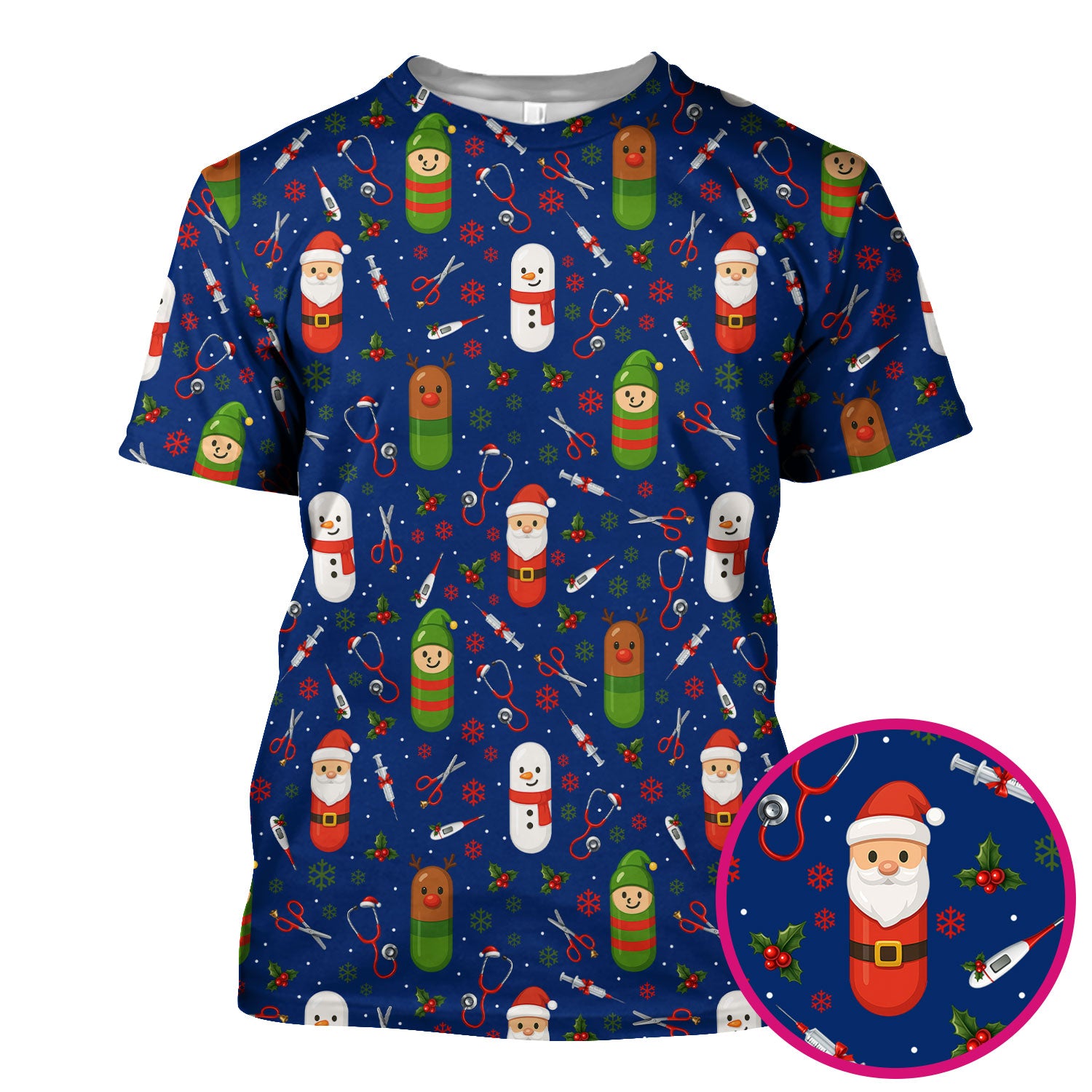 Santa Christmas Scrubs Set - Fun Holiday Pattern with Reindeer and Snowman - Cute Medical Scrub Top and Pants for Nurses