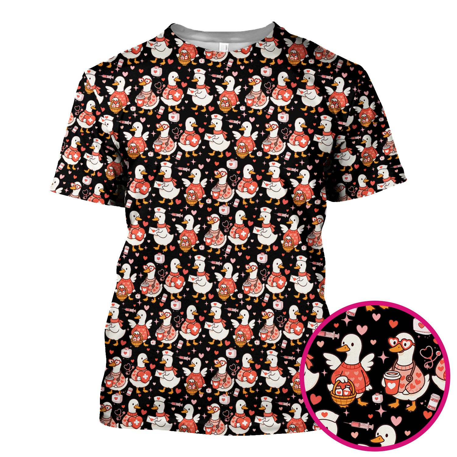 Valentine Goose Nurse Scrub Top, Heart Medical Pattern Nurse Shirt, Breathable Fabrics Nursing Uniform