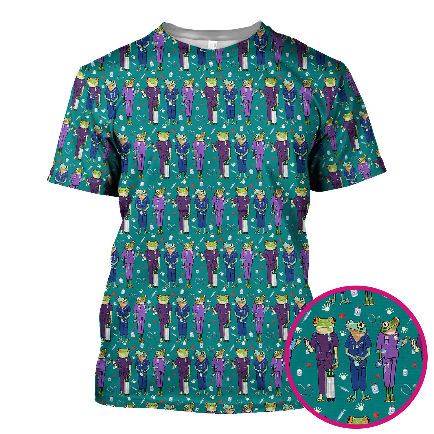 Funny Frog Nurse Pattern Scrub Top, Breathable Healthcare Uniform Top