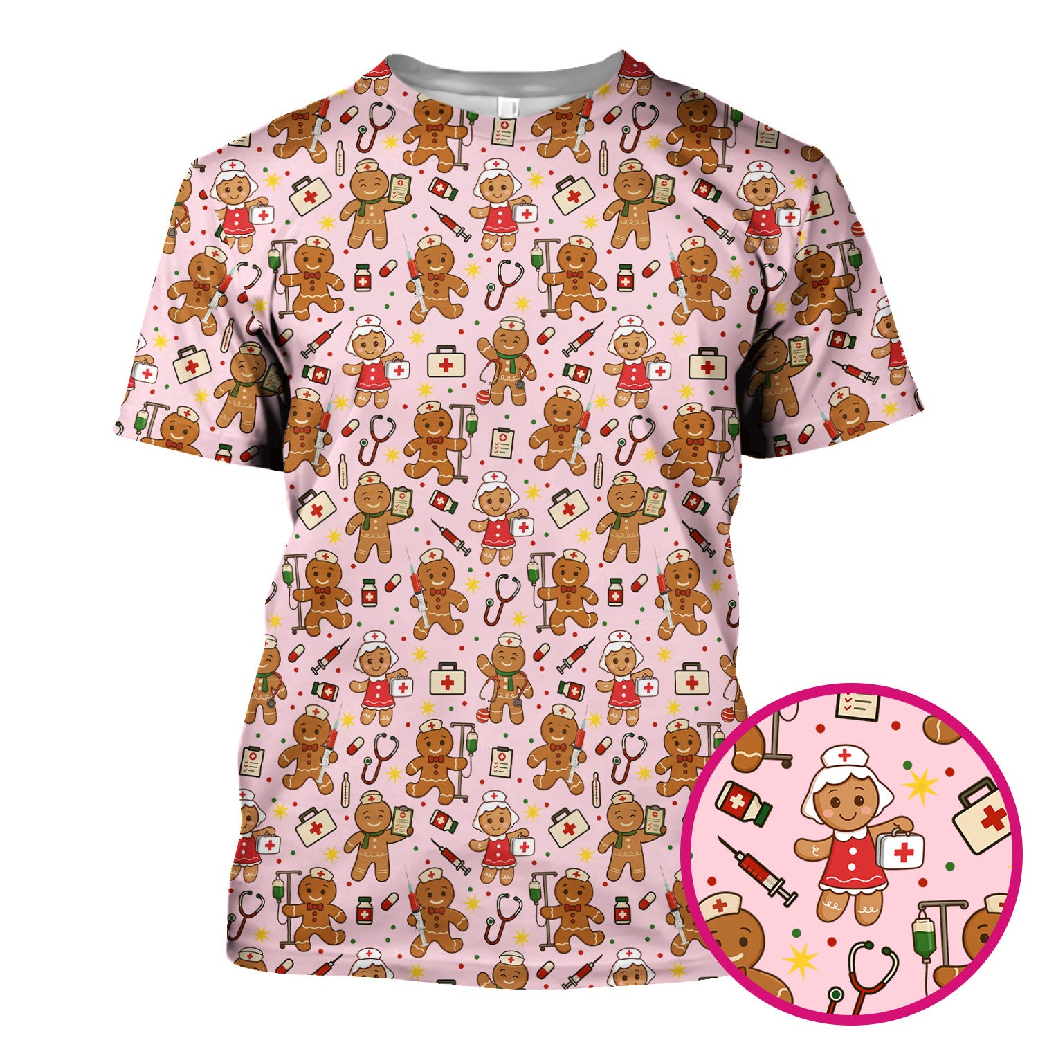 Cute Gingerbread Nurse Scrub Top - Funny Christmas Cookie Pattern - Holiday Nursing Shirt Gift for RN LPN CNA Women