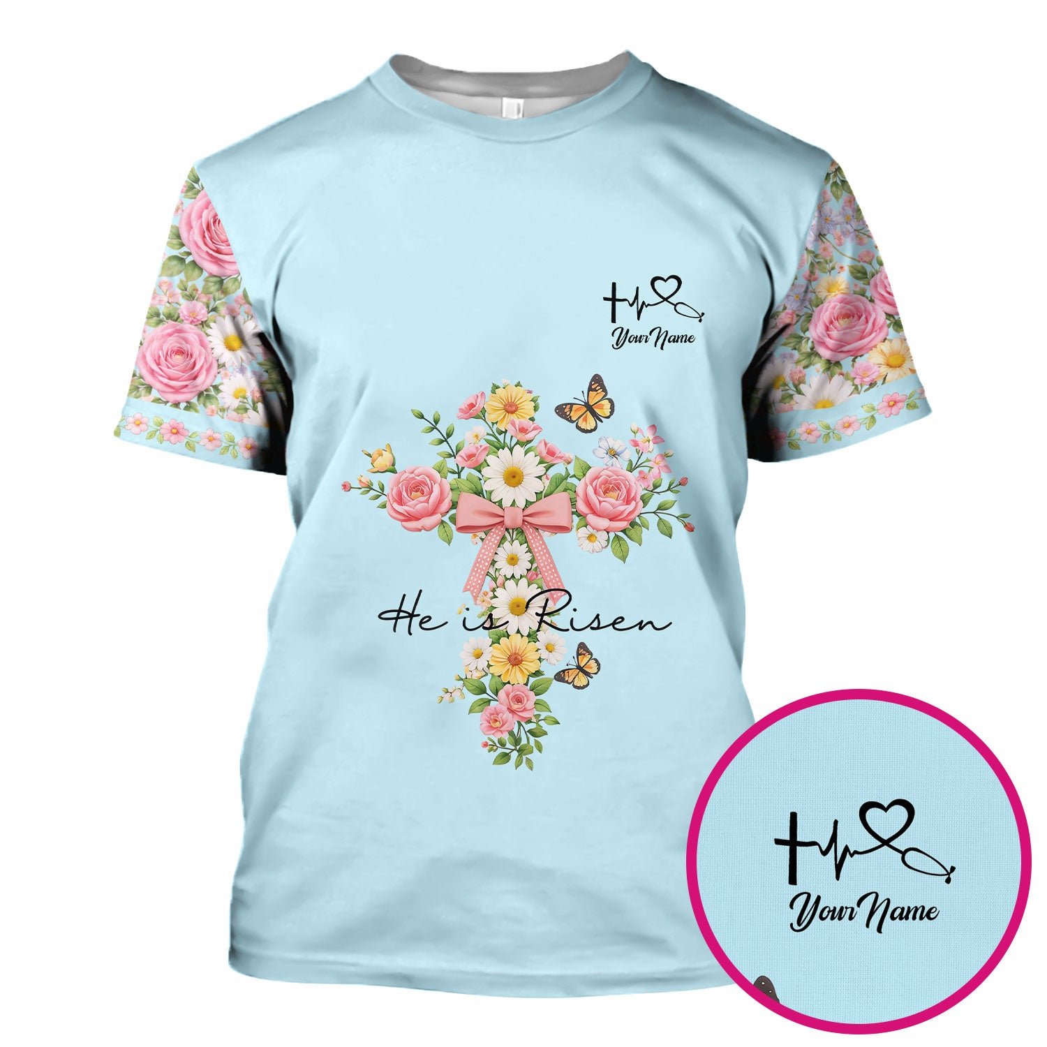 Personalized Meaningful Easter Nurse He Is Risen Floral Cross Bow Pattern Scrub Top, Comfortable Scrubs for Nurses