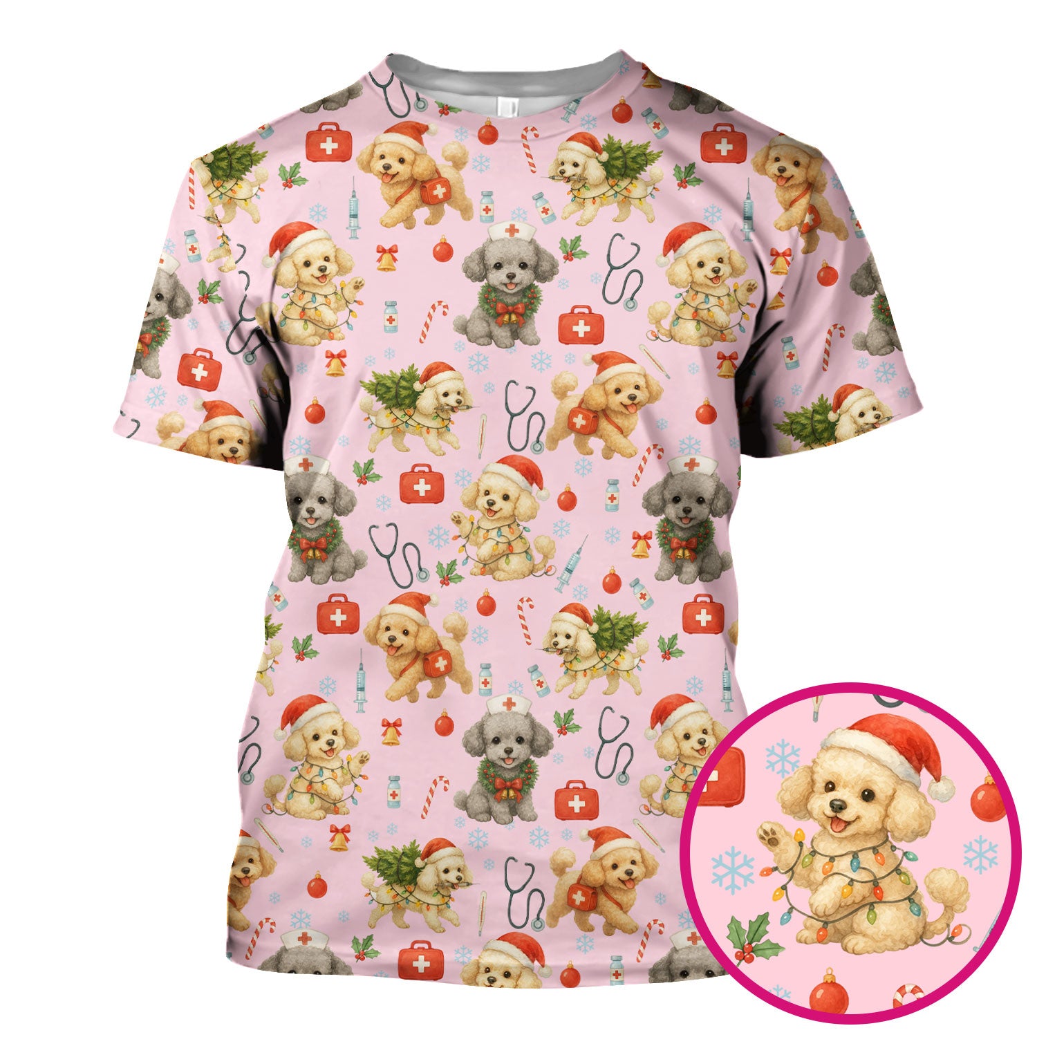 Christmas Puppy Scrub Top - Cute Dog Nurse Shirt with Santa Hat - Holiday Medical Scrubs Gift for Women CNA RN Doctor
