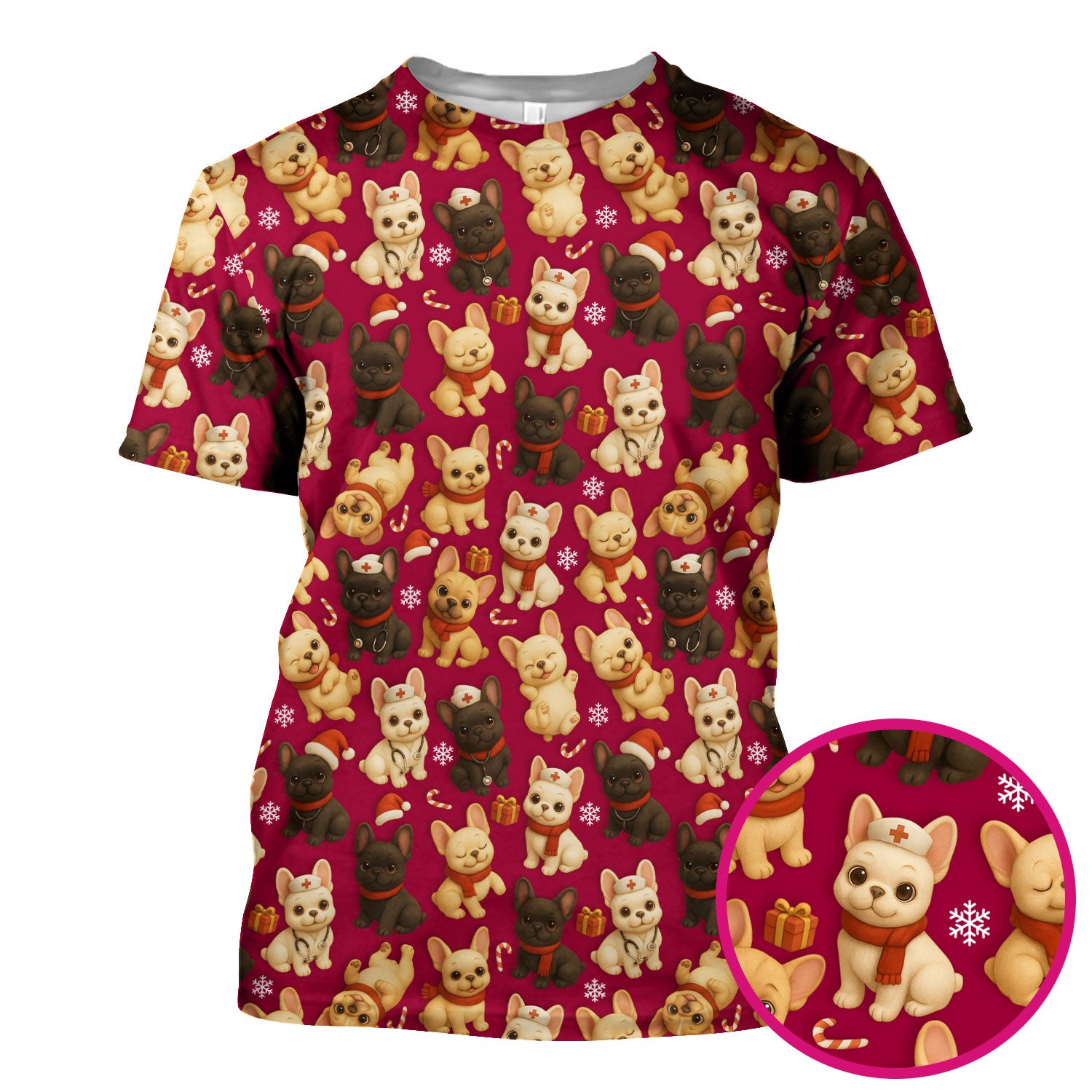Christmas Dog Scrubs for Women - Cute French Bulldog Pattern Medical Scrub Top - Festive Holiday Nurse Scrubs with Adorable Puppy Design