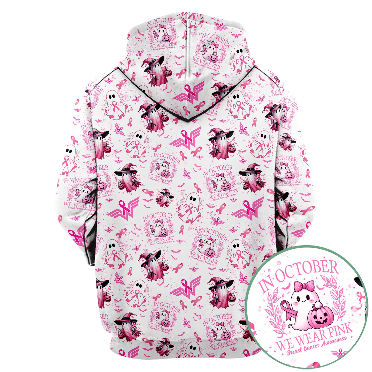 Pink Halloween Scrub Top for Nurses - In October We Wear Pink Breast Cancer Awareness Shirt - Cute Ghost Witch Gift for RN CNA LPN