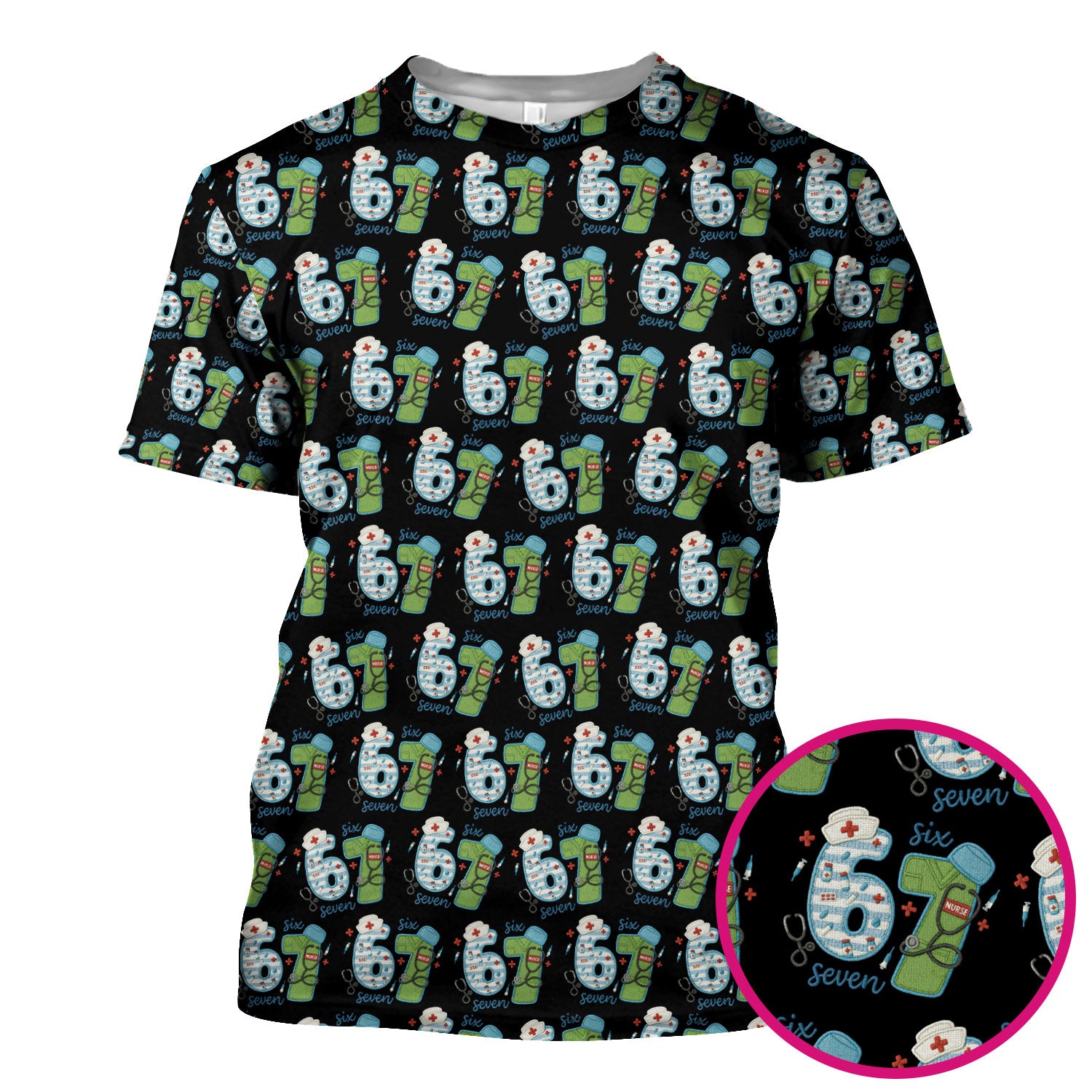 Nurse Six Seven Pattern Scrub Top, Cute Medical Number Print Shirt for Nursing Professionals