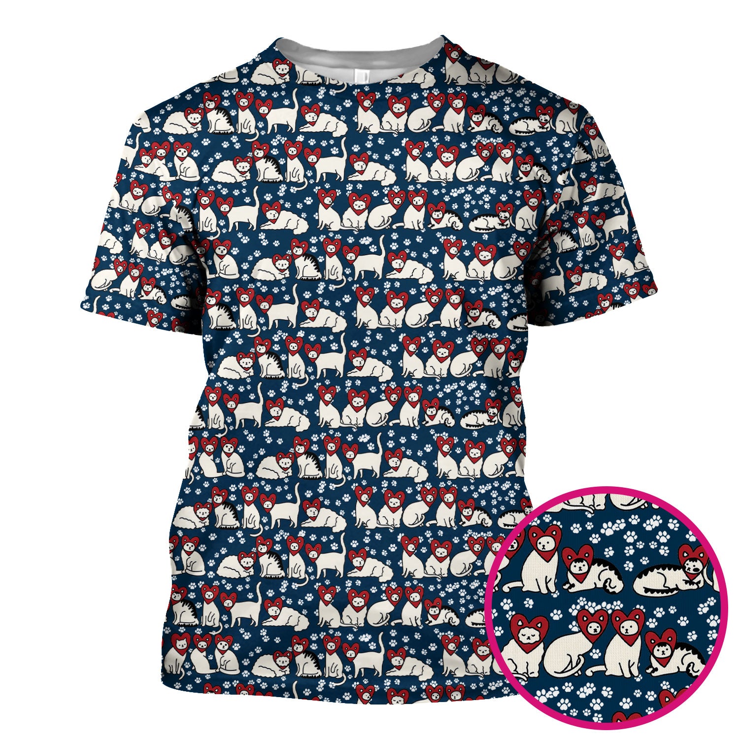 Cute Cat Heart Pattern Scrub Top, Funny Cat Scrub Shirt For Nurses, Breathable Fabrics Nursing Uniform