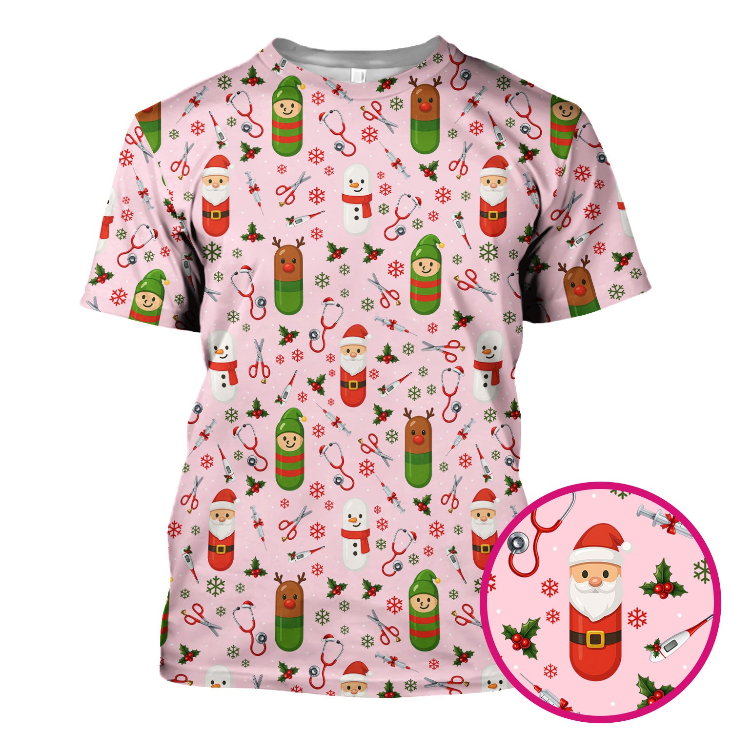 Christmas Scrub Top for Nurses – Cute Santa and Medical Tools Pattern – Holiday Nurse Scrubs with Snowman and Reindeer Design
