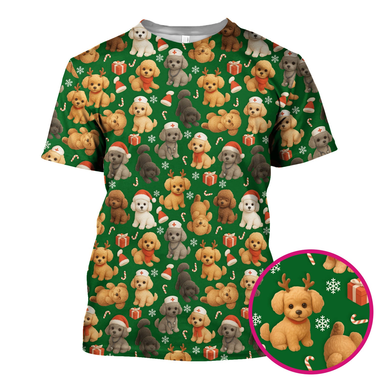 Christmas Poodle Scrubs for Women - Cute Dog Pattern Medical Scrub Top - Festive Holiday Christmas Scrubs with Adorable Poodle Design