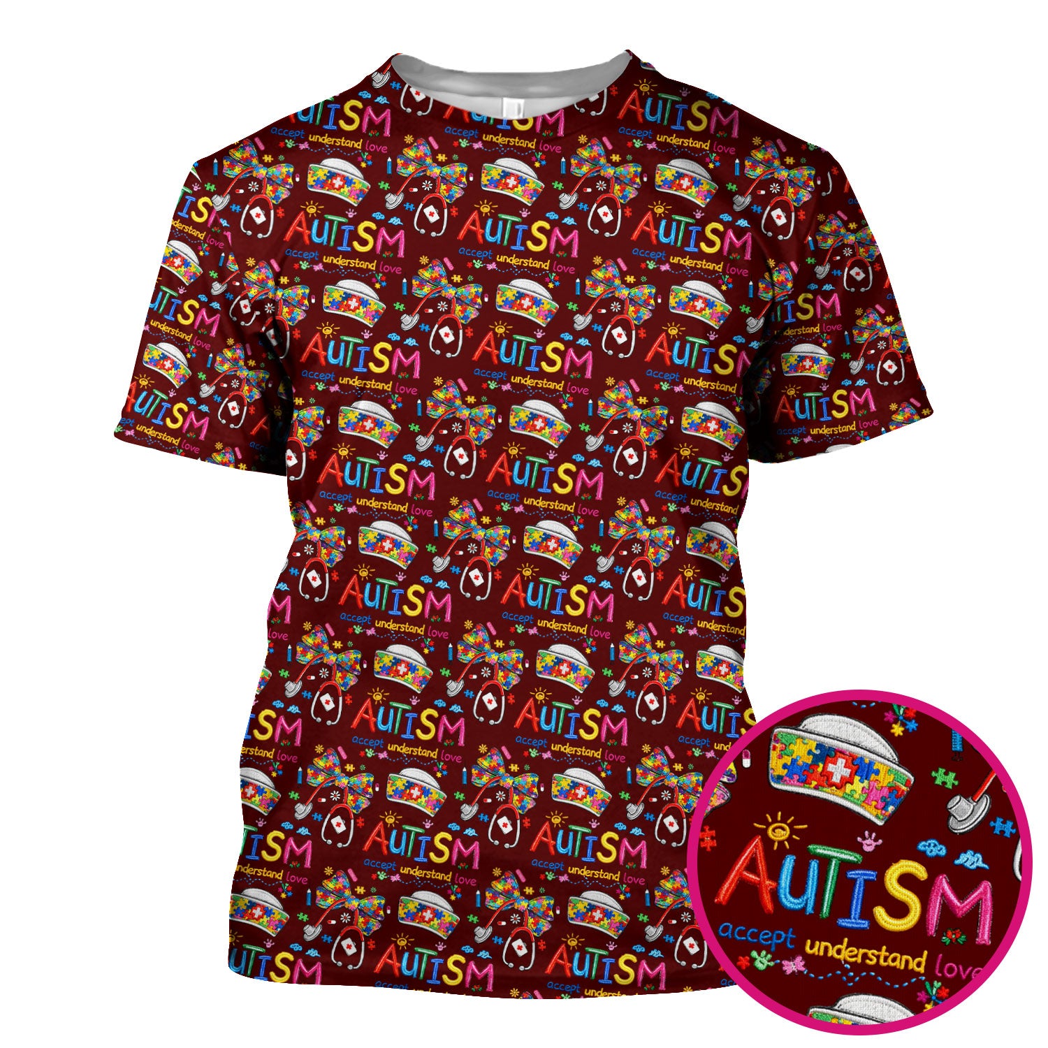 Autism Awareness Pattern Nurse Scrub Top, Accept Understand Love Puzzle Nurses Shirt, Breathable Fabrics Nursing Uniform